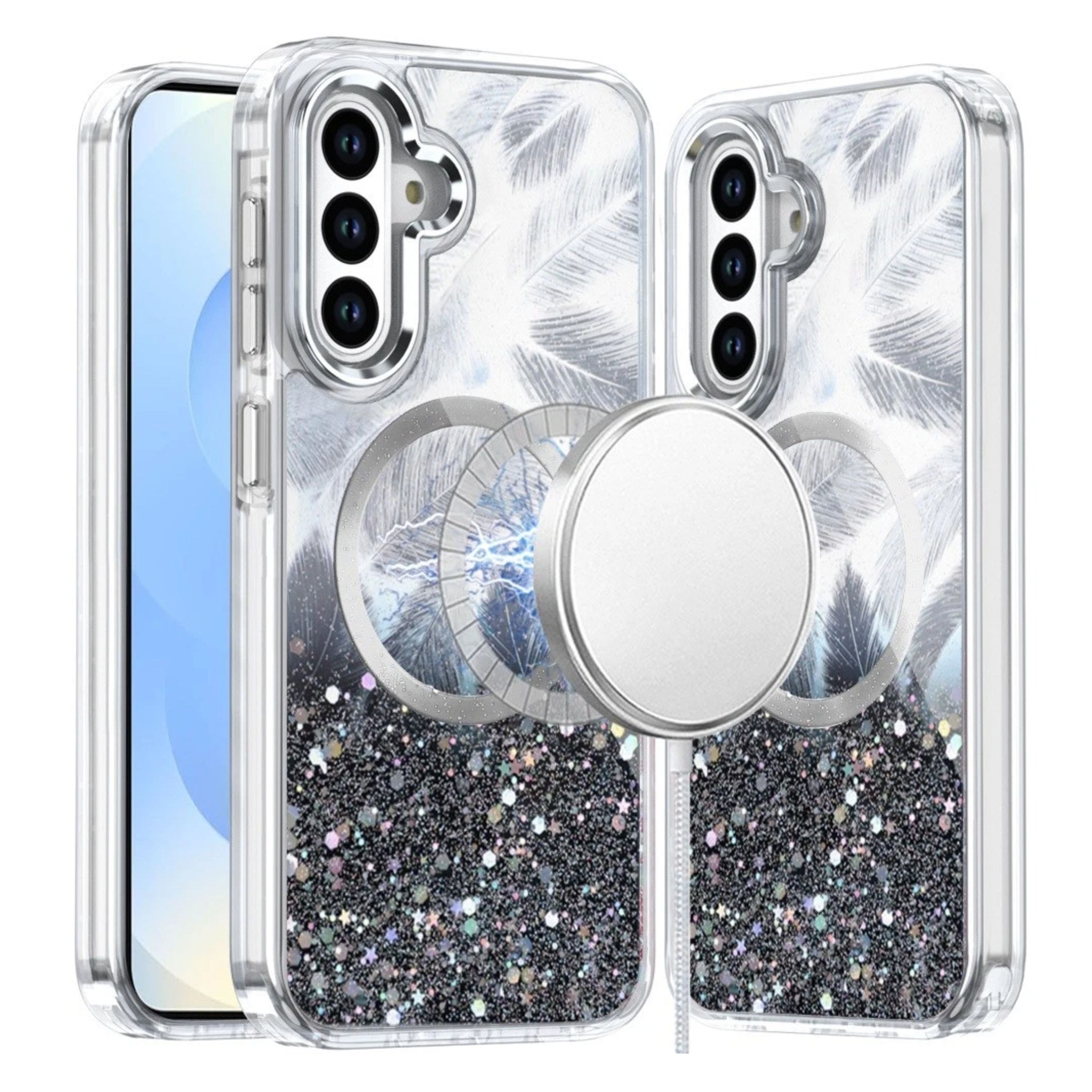 Kitcheniva - Feathers Epoxy Glitter Design Magnetic Circle Phone Case With Tempered Glass For Samsung Galaxy S25/S24 - Black price history on PriceWatchPro