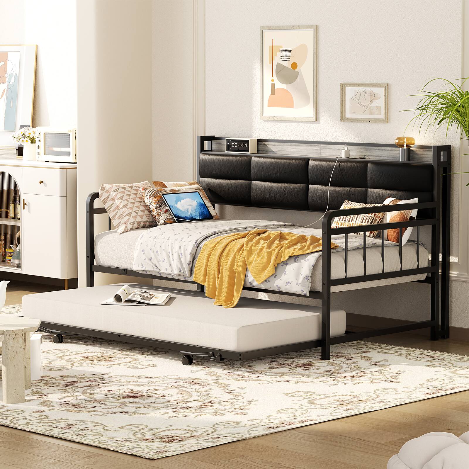 Alt View 3. Aheaplus - Twin Daybed with Trundle, Day Bed with Upholstered Headboard and Power Outlets - White Oak.