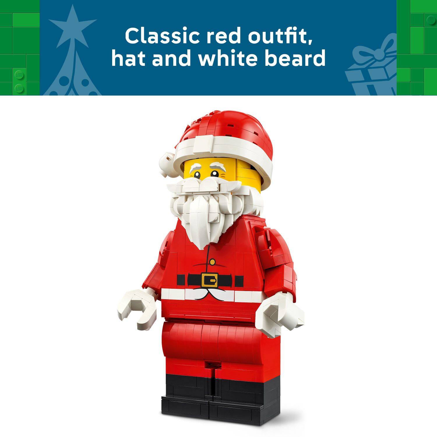 Classic red outfit, hat and white beard