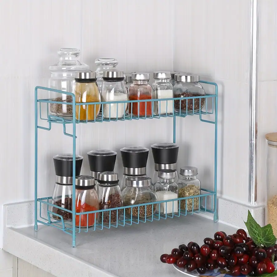 Metal Racking Blue Oumilen 2 Tier Countertop Spice Rack Organizer, Lake Blue Metal Kitchen ...