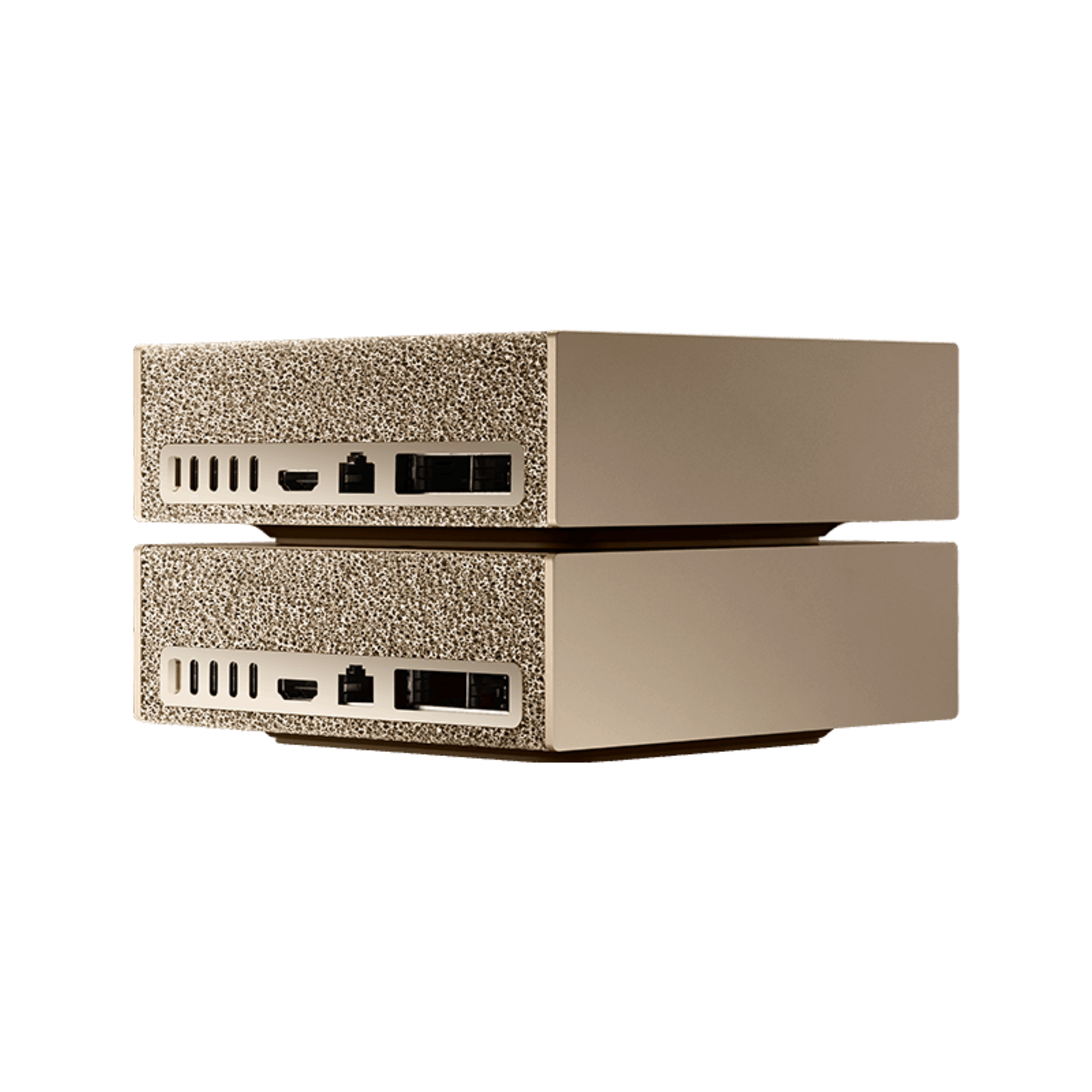 Angle. NVIDIA - DGX Spark - NVIDIA GB10 Grace Blackwell Superchip, 128 GB LPDDR5x, ARM Processor, 4TB NVME M.2 SSD Storage 2 Pack Kit - Gold.