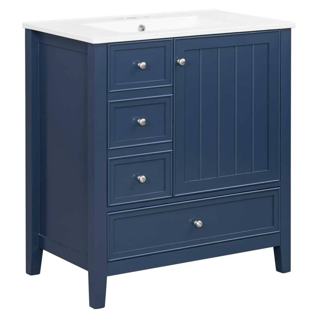 Left. Whisen - 30" Bathroom Vanity with Ceramic Sink Combo 3-Drawer 1-Cabinet Freestanding Storage Cabinet - Blue.