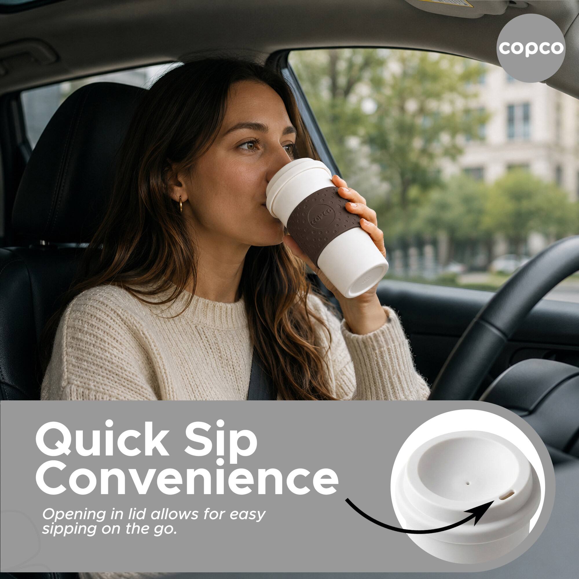 copco Quick Sip Convenience Opening in lid allows for easy sipping on the go.