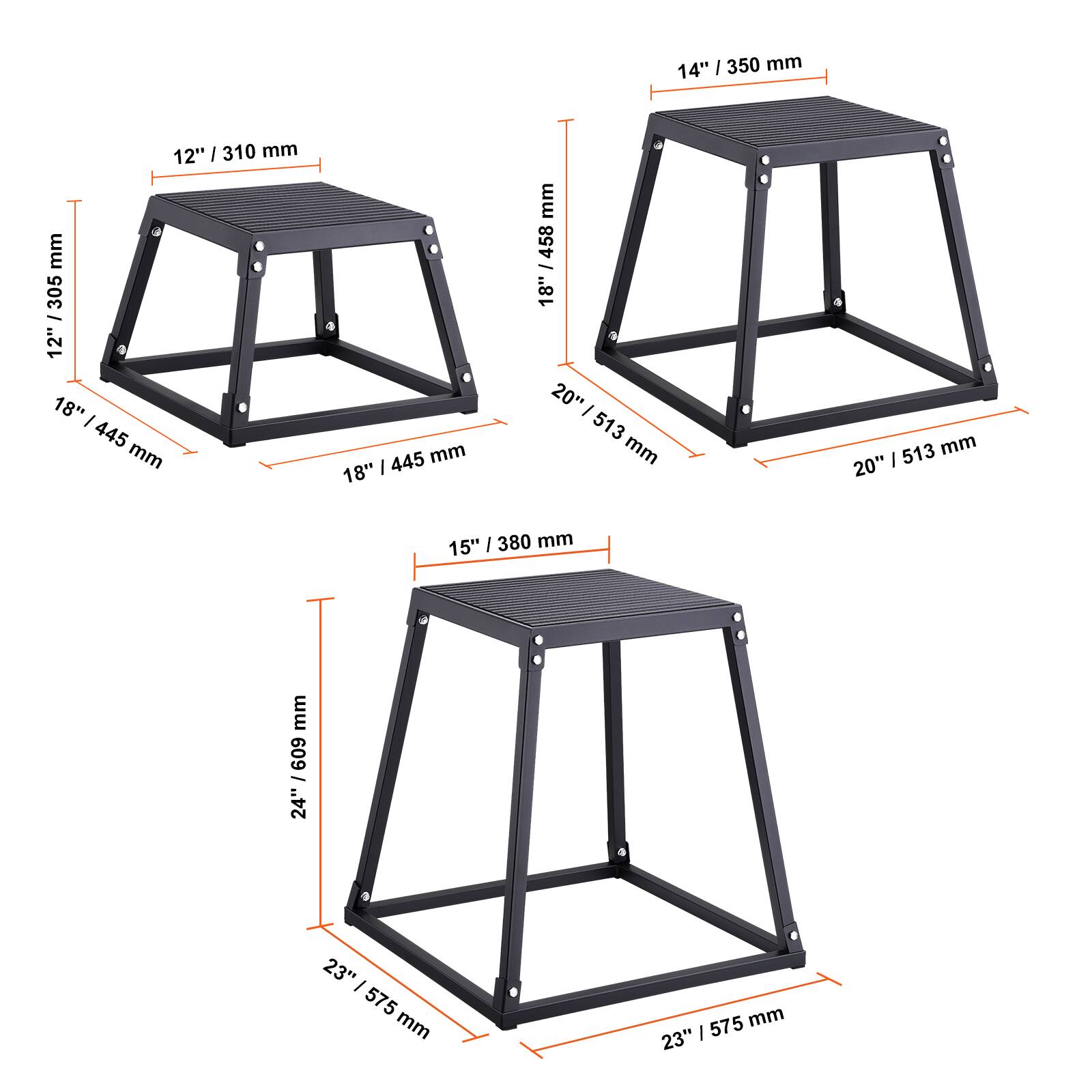 Here is the corrected and grouped text:

- 14" / 350 mm
- 12" / 310 mm
- 18" / 445 mm
- 20" / 513 mm
- 15" / 380 mm
- 23" / 575 mm
- 18" / 458 mm
- 24" / 609 mm