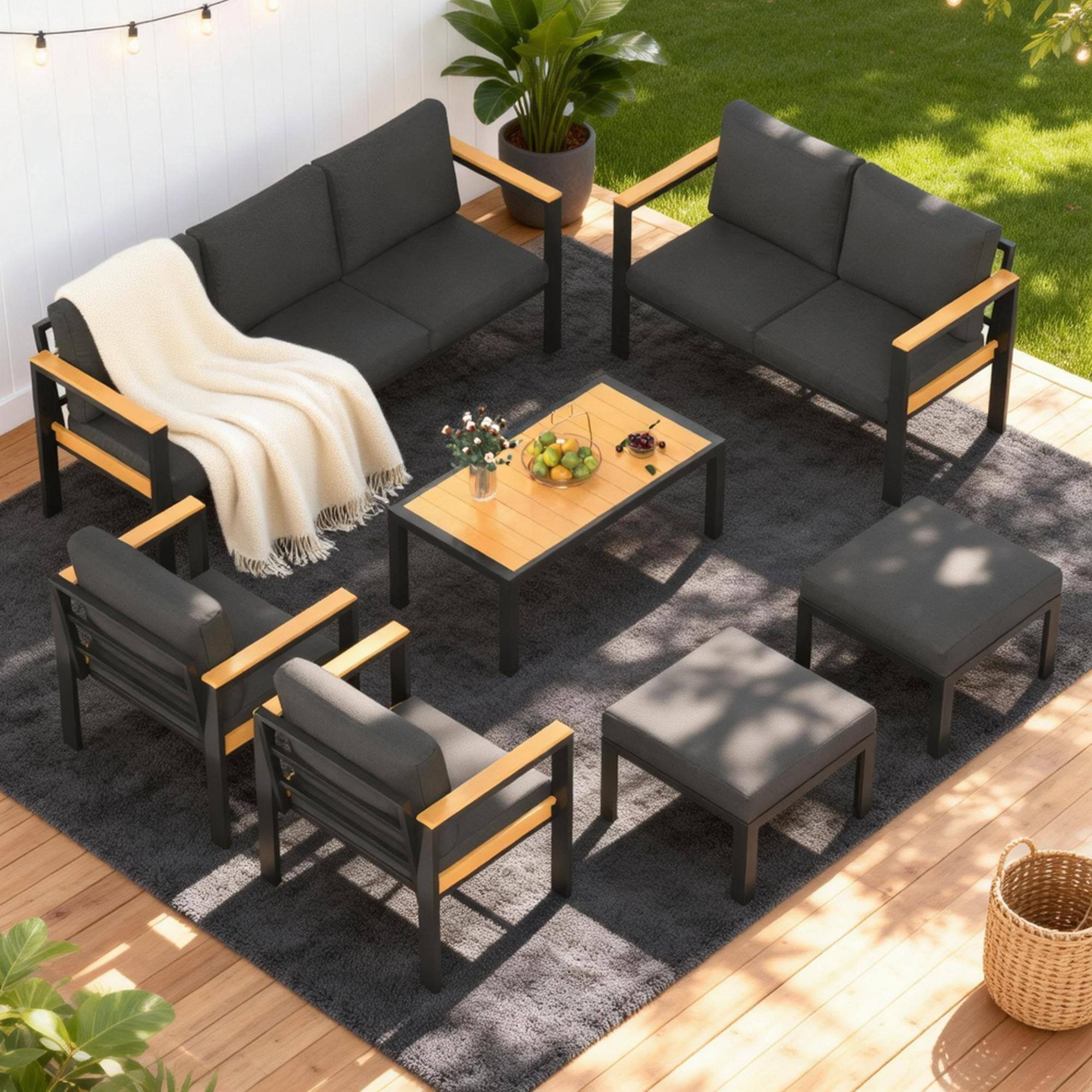 Angle. U-HOMY - 7-Piece Patio Conversation Set with Table, All-Weather Aluminum Furniture for Outdoor Living - Black.