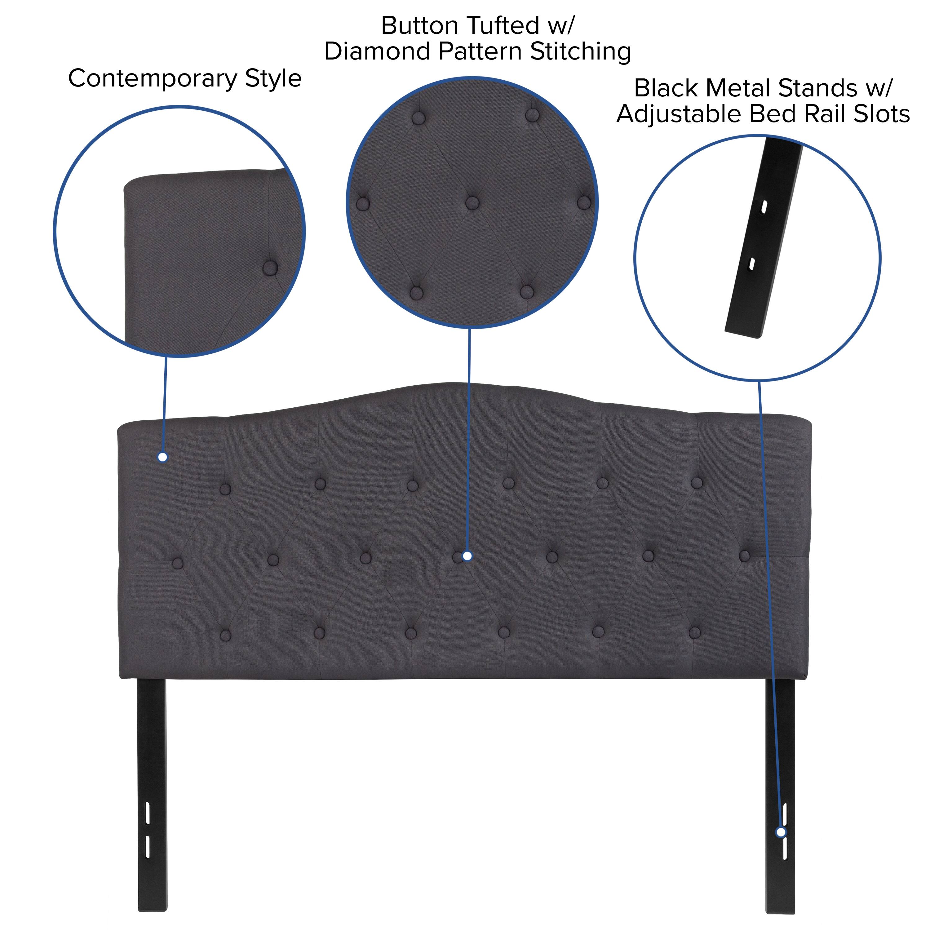 Button Tufted w/ Diamond Pattern Stitching  
Contemporary Style  
Black Metal Stands w/ Adjustable Bed Rail Slots