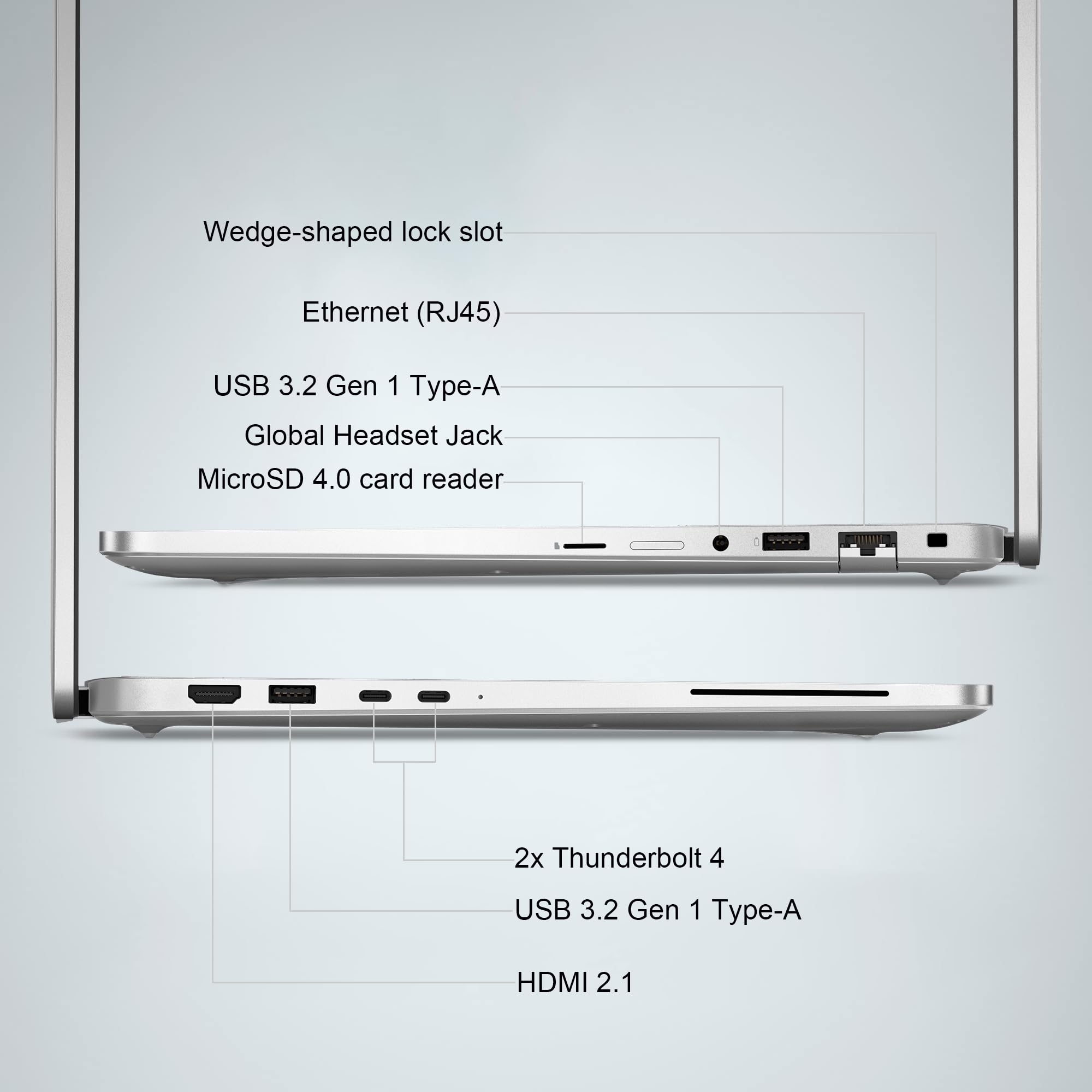 Wedge-shaped lock slot  
Ethernet (RJ45)  
USB 3.2 Gen 1 Type-A  
Global Headset Jack  
MicroSD 4.0 card reader  
2x Thunderbolt 4  
USB 3.2 Gen 1 Type-A  
HDMI 2.1