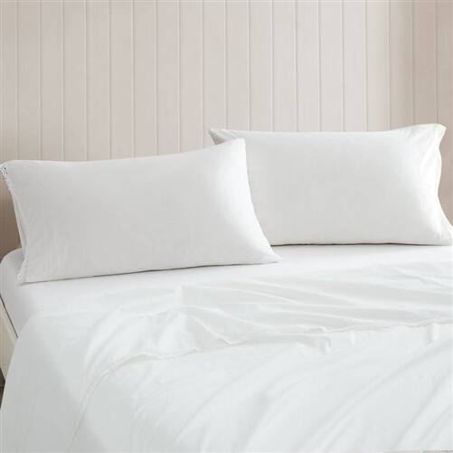 Angle. Hivvago - Queen Size 4 Piece 100-Percent Cotton Sheet Set in White with Lace Trim - White.