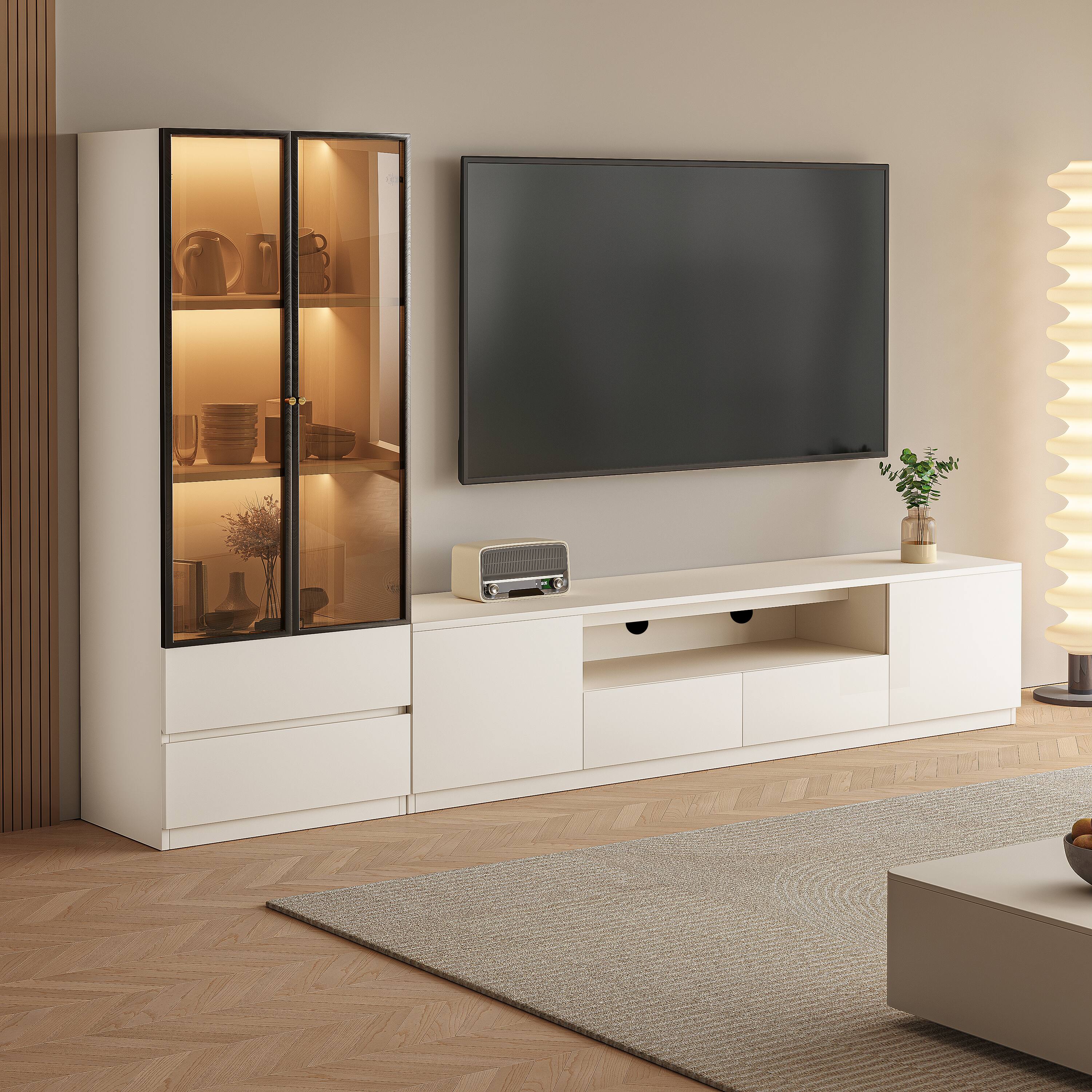 Alt View 1. MSOOB - White 2 Pieces Entertainment Center Modern Media Console Includes TV Stands And Lighted Glass Display Cabinet - White.
