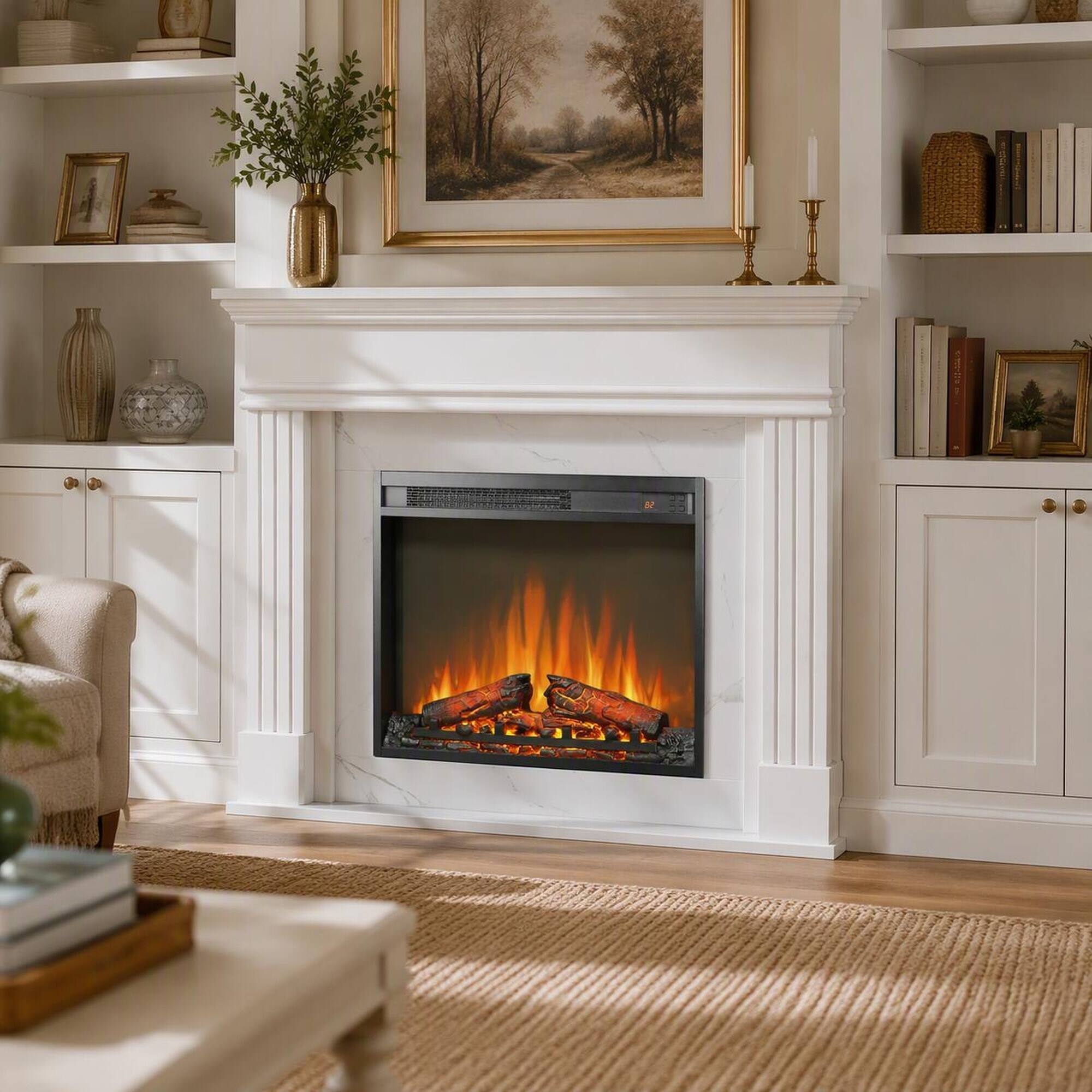 Front. RYHNUYNE - 44 Inch Electric Fireplace With Mantel 23 Inch Insert Heater, Realistic Log Flame Remote Timer For Living Room Bedroom - Jasmine White.
