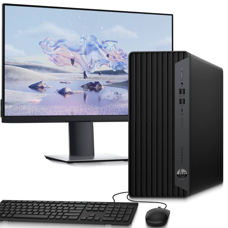 Front. HP - G6 Tower Desktop PC | Intel Core i5-10th 3.1GHz | 16GB DDR4 RAM | 128GB + 1TB HDD | 24" LED | KB & Mouse | WiFi | Win11 - Black.