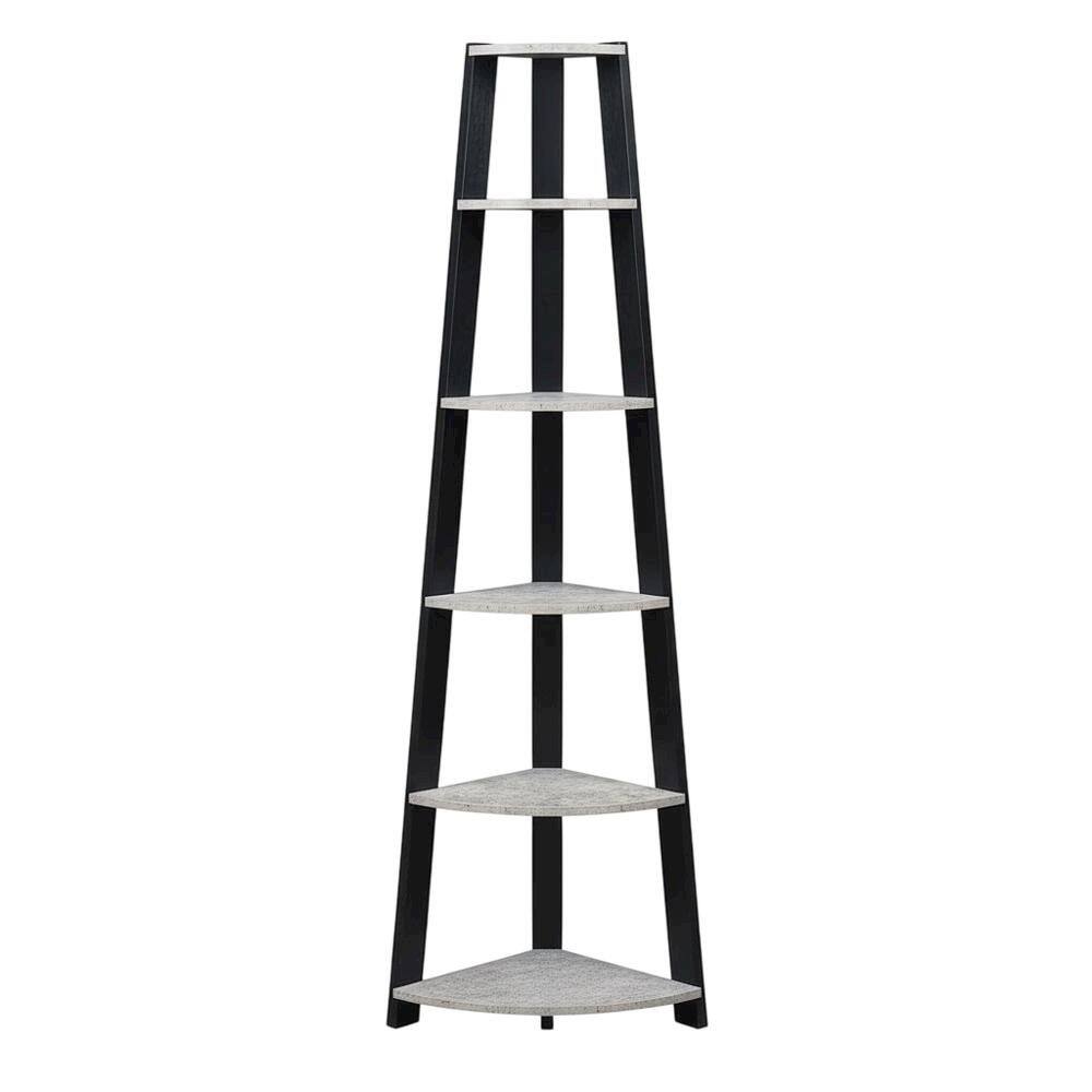 Front. FurniFact - Black 5-Tier Corner Bookshelf with Faux Cement Finish and Modern Style - Faux Cement.