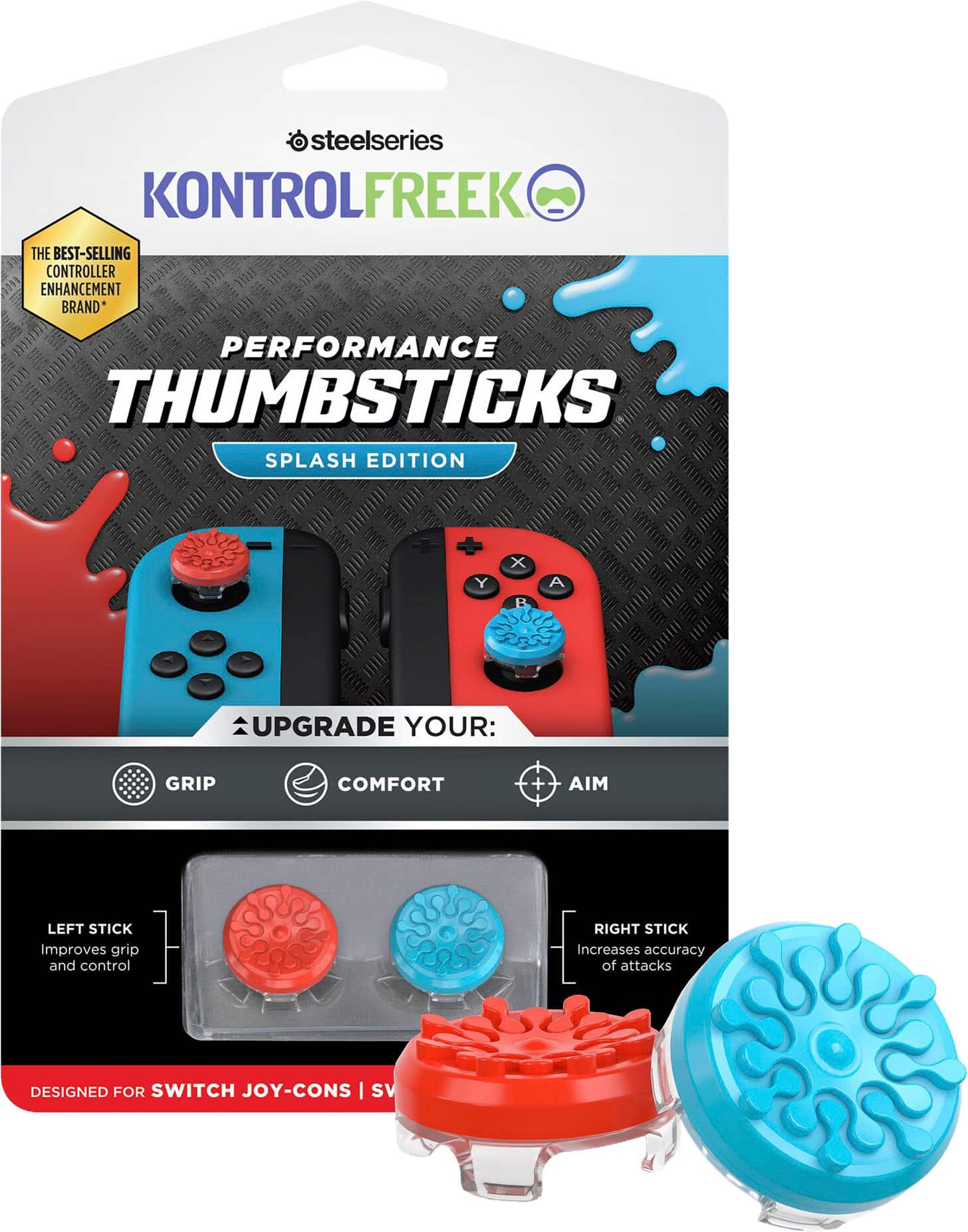The steelseries KONTROLFREEK Performance Thumbsticks Splash Edition is designed to enhance the gaming experience on the Nintendo Switch Joy-Cons. The package includes two thumbsticks, one for the left stick and one for the right stick, both of which are designed to improve grip and control. The left stick thumbstick is intended to increase the comfort of the grip, while the right stick thumbstick is designed to improve the accuracy of attacks. These thumbsticks are compatible with the Nintendo Switch Joy-Cons and are a great addition to any gaming setup.