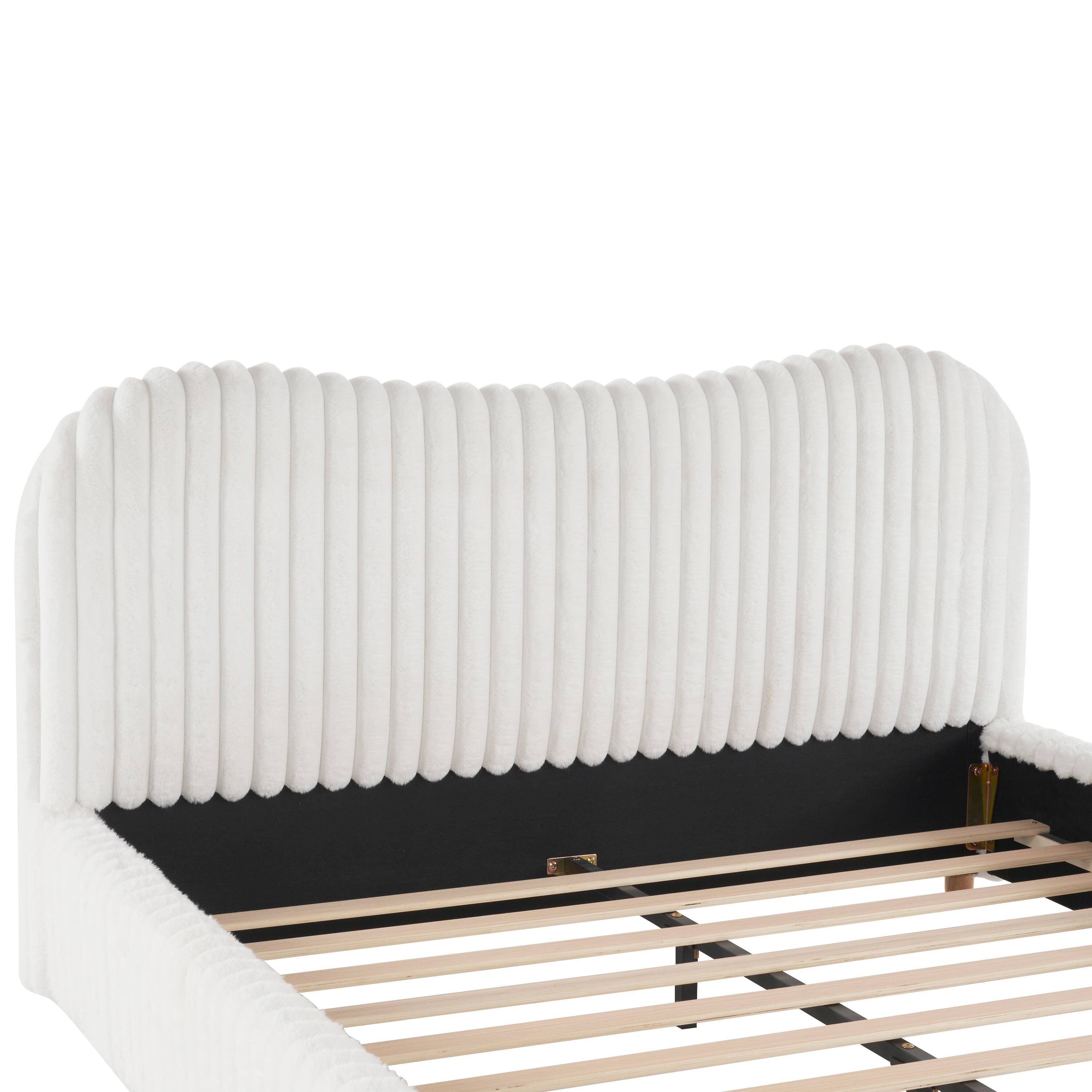 Alt View 1. APRILSOUL - Sleek White Boucle Upholstered Bed with Wavy Headboard and Vertical Stitching Queen - White.