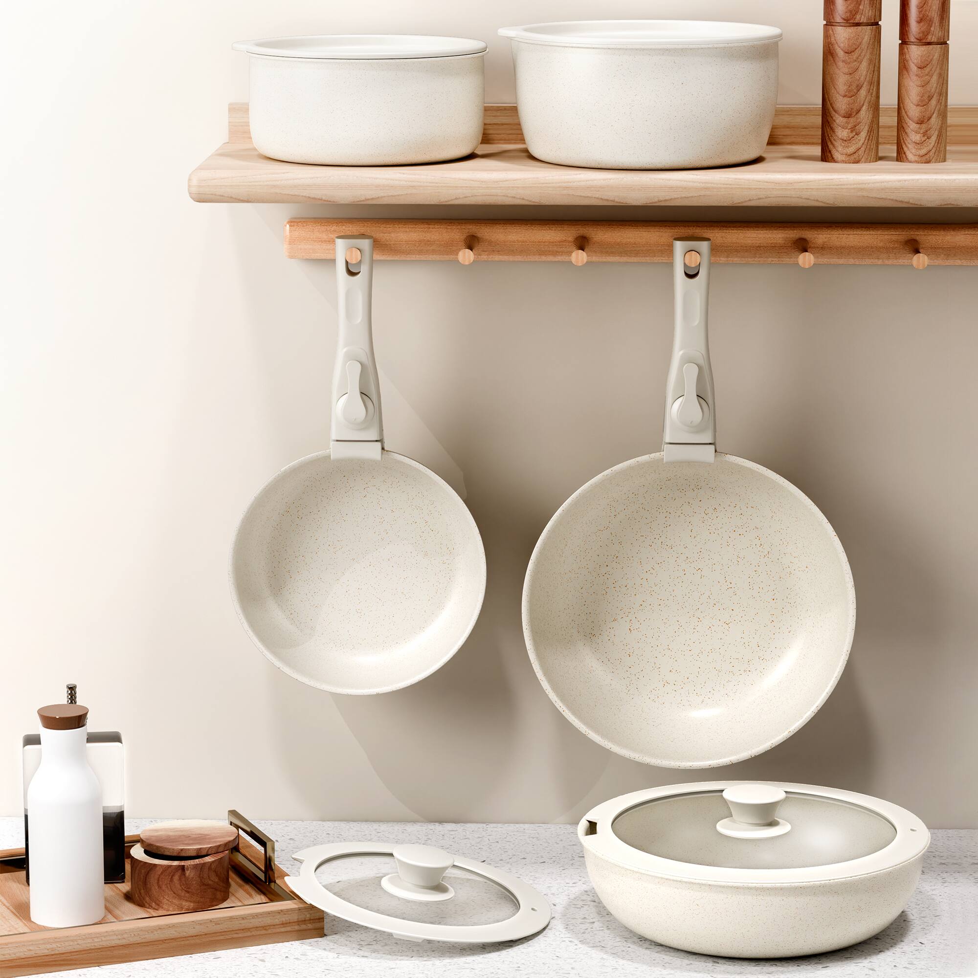 Angle. Sugift - 18-Piece Non-Stick Cookware Set with Silicone Tools, Detachable Handles - Beige.