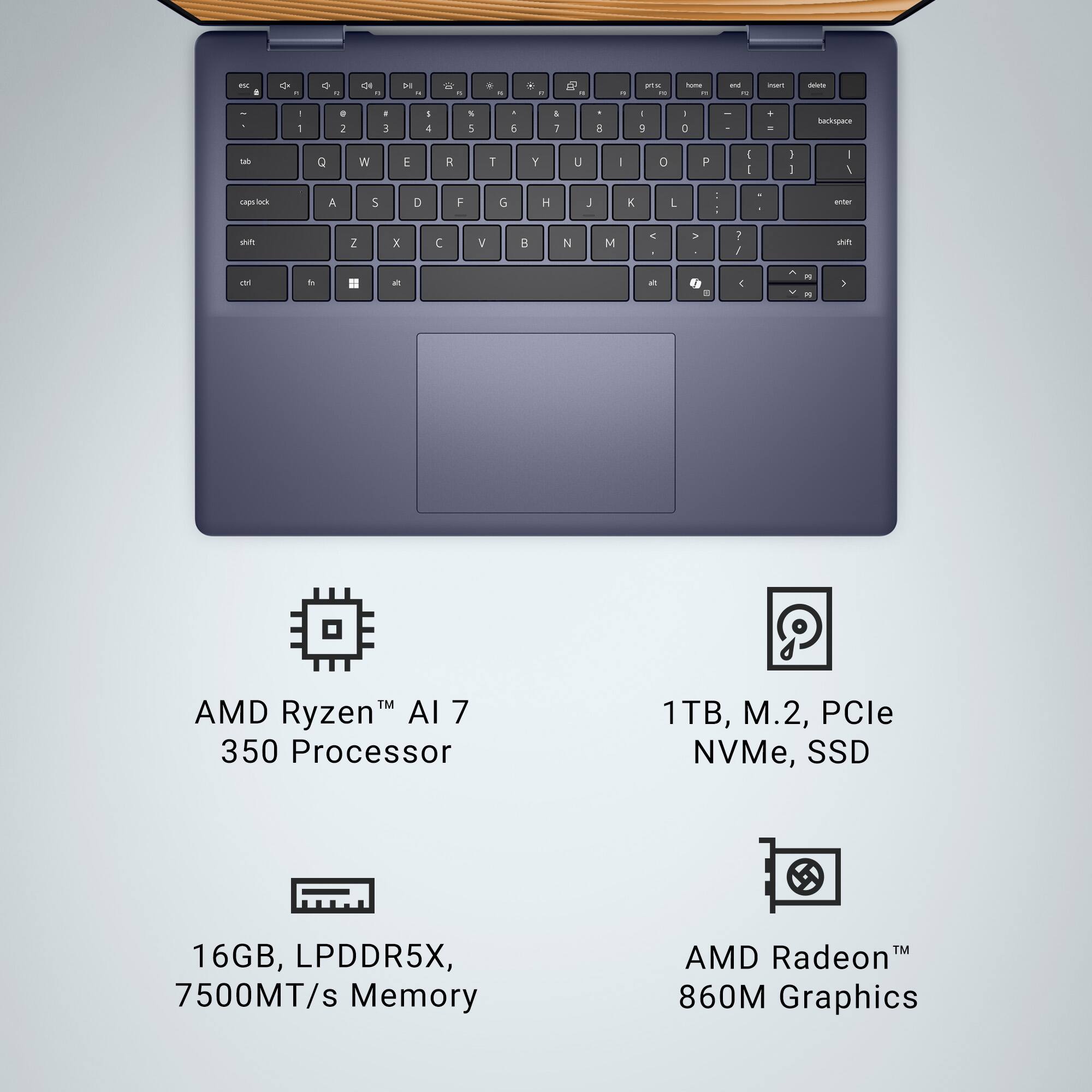 The text on the image is already grouped and correctly written. It describes the specifications of a laptop, including the AMD Ryzen AI 7 350 processor, 1TB, M.2, PCle NVMe, SSD 16GB, LPDDR5X, 7500MT/s Memory, and AMD Radeon 860M Graphics.