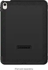 The image features a black Otterbox case for an iPad. The case is designed to protect the iPad from scratches and other damage. The case is sold separately, meaning that it is not included with the iPad itself. The image shows the back of the case, which is made of hard plastic and features a checkered pattern.