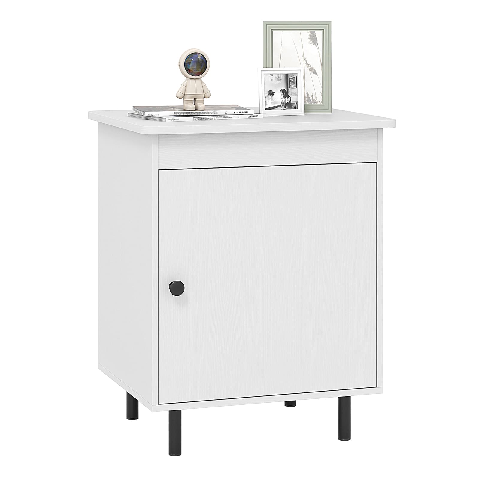 Gymax - Nightstand Mid Century Modern End Table w/Door Heavy-Duty Metal Legs for Bedroom - White, Black