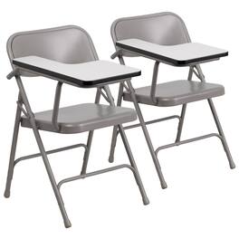 Emma + Oliver - 2 Pack Premium Steel Folding Chair with Right Handed Tablet Arm - Beige