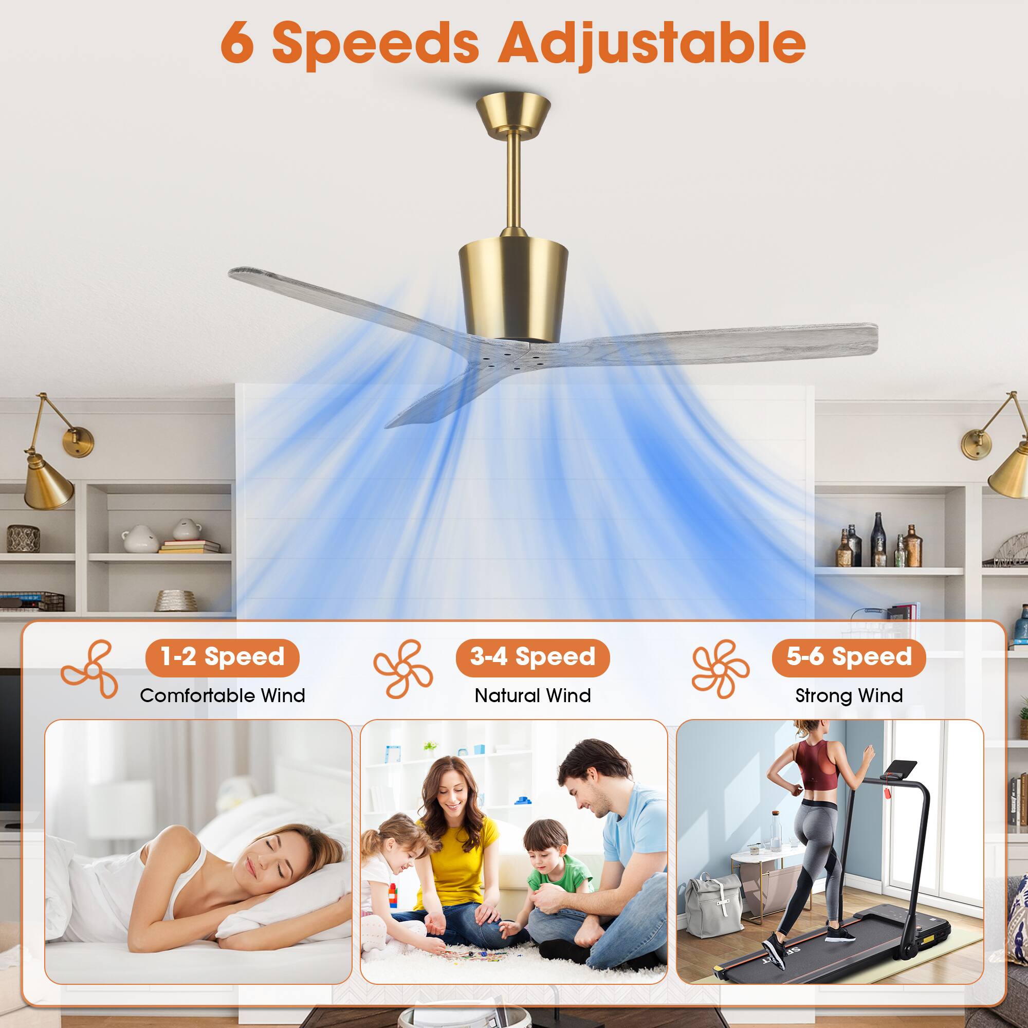 6 Speeds Adjustable

1-2 Speed  
Comfortable Wind

3-4 Speed  
Natural Wind

5-6 Speed  
Strong Wind