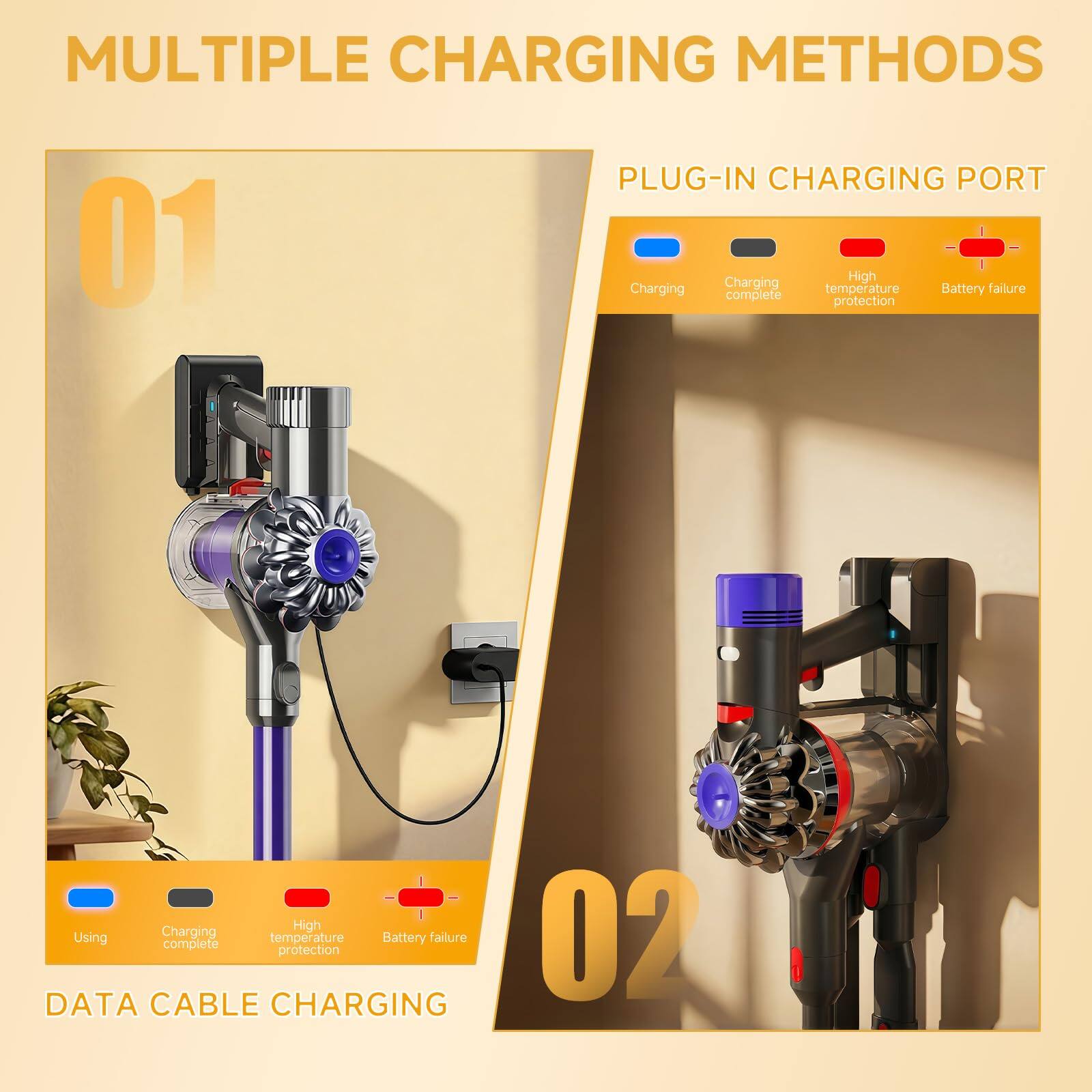 MULTIPLE CHARGING METHODS

01 PLUG-IN CHARGING PORT
- Charging
- Charging complete
- High temperature protection
- Battery failure

02 DATA CABLE CHARGING
- Using
- Charging complete
- High temperature protection
- Battery failure