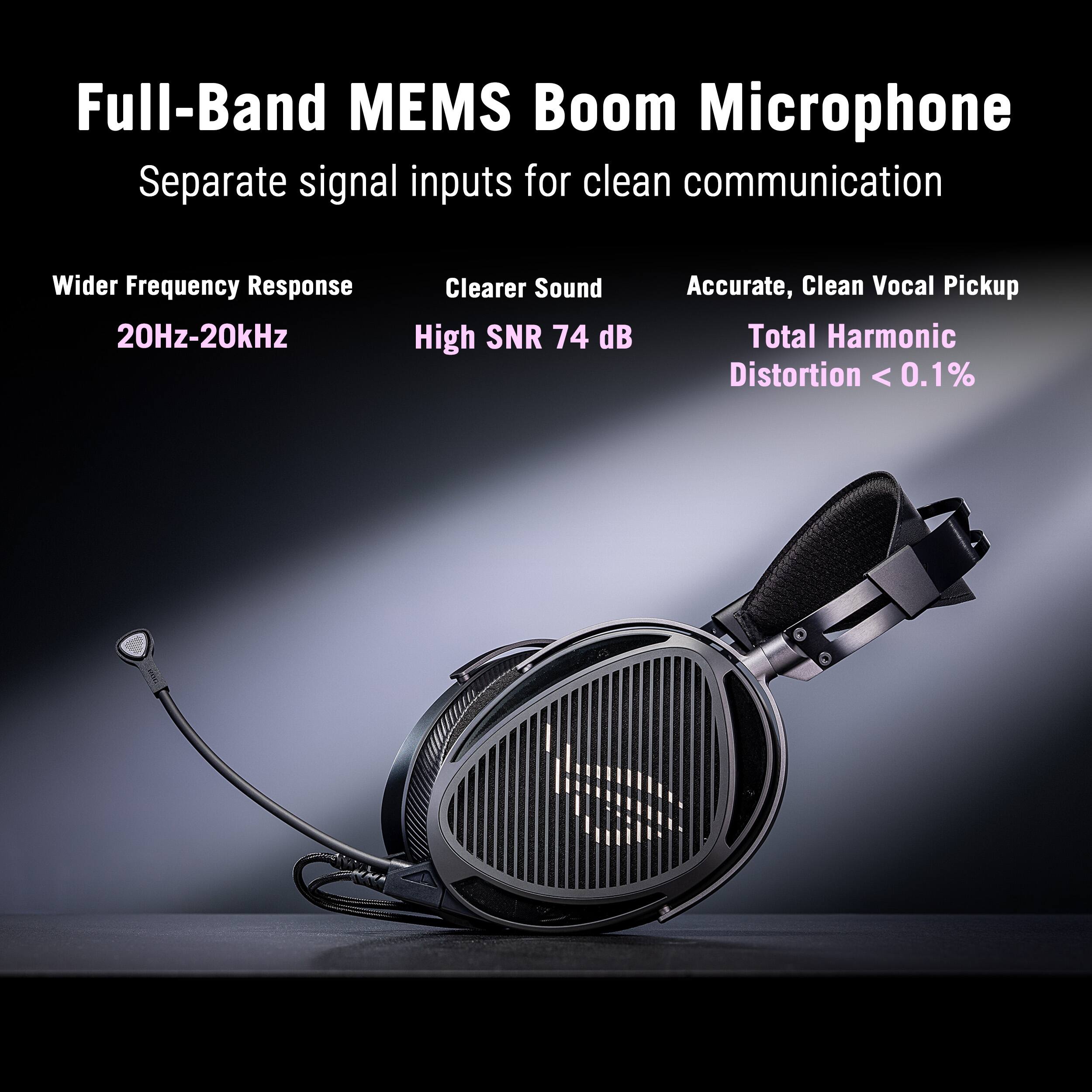 Full-Band MEMS Boom Microphone  
Separate signal inputs for clean communication  

- Wider Frequency Response: 20Hz-20kHz  
- Clearer Sound: High SNR 74 dB  
- Accurate, Clean Vocal Pickup: Total Harmonic Distortion < 0.1%