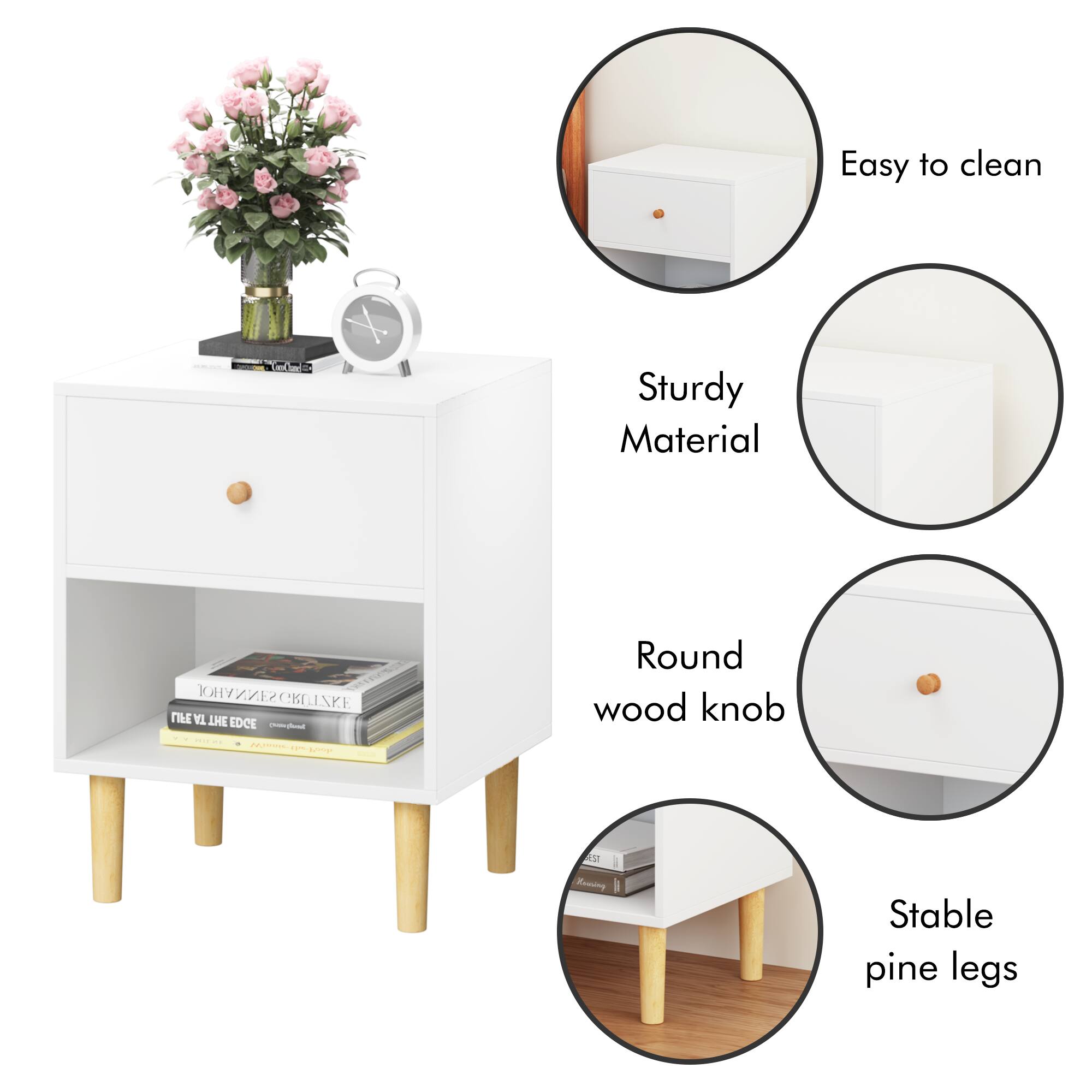 Easy to clean  
Sturdy Material  
Round wood knob  
Stable pine legs