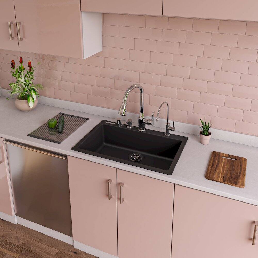 Back. Alfi - Black 30" Drop-In Single Bowl Granite Composite Kitchen Sink - Black.