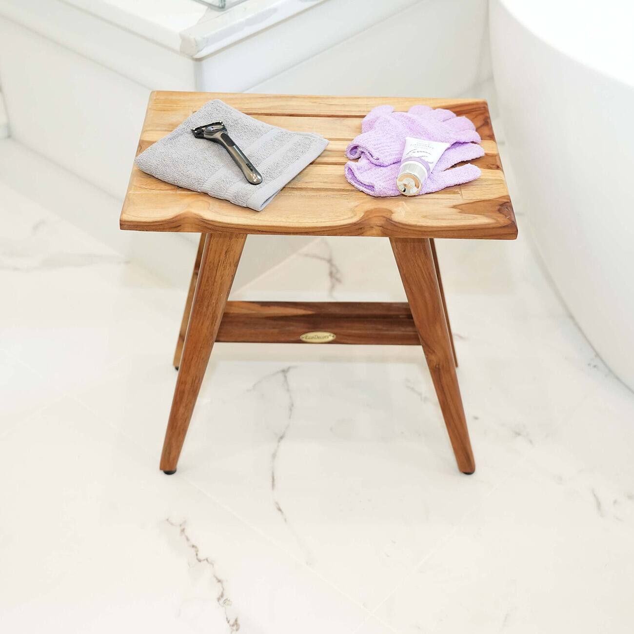 Alt View 1. EcoDecors - EcoDecors® Mid-Century Modern 18" Teak Wood Shower Bench in Natural Finish - EarthyTeak.