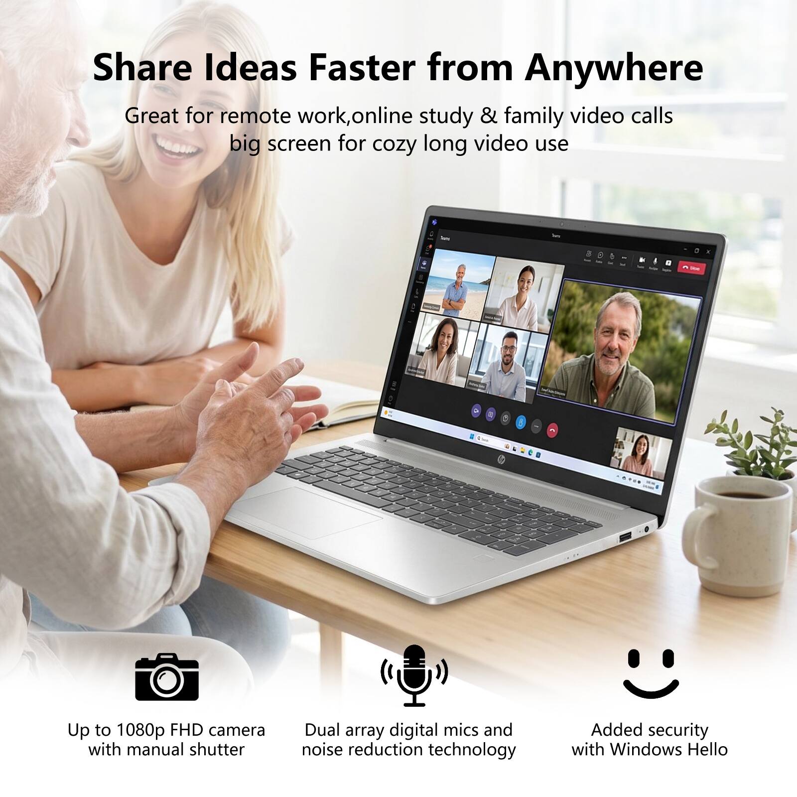 Share Ideas Faster from Anywhere

Great for remote work, online study & family video calls big screen for cozy long video use

Up to 1080p FHD camera with manual shutter

Dual array digital mics and noise reduction technology

Added security with Windows Hello