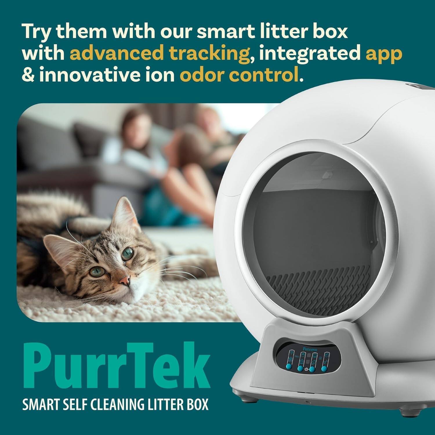 Try them with our smart litter box with advanced tracking, integrated app & innovative ion odor control.

PurrTek SMART SELF CLEANING LITTER BOX
