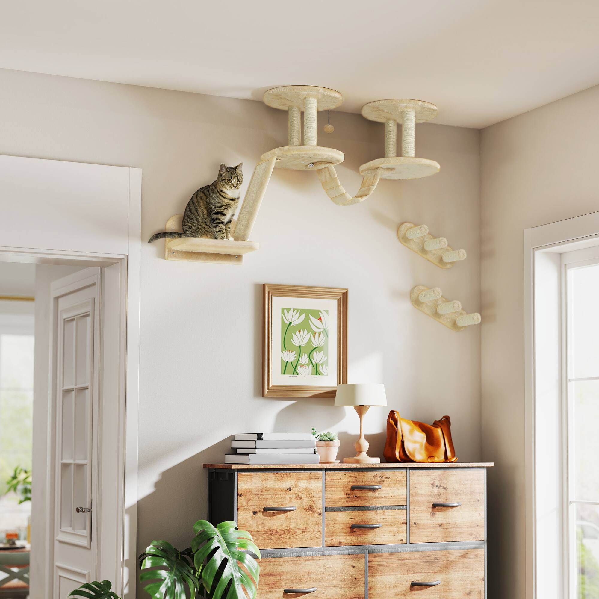 Angle. Pawhut - Cat Wall Shelves, 3 PCs Wall Mounted, Scratching Post, Perches, Ladder, Steps, Board, Furniture, Indoor Cats/Kitten - Beige.