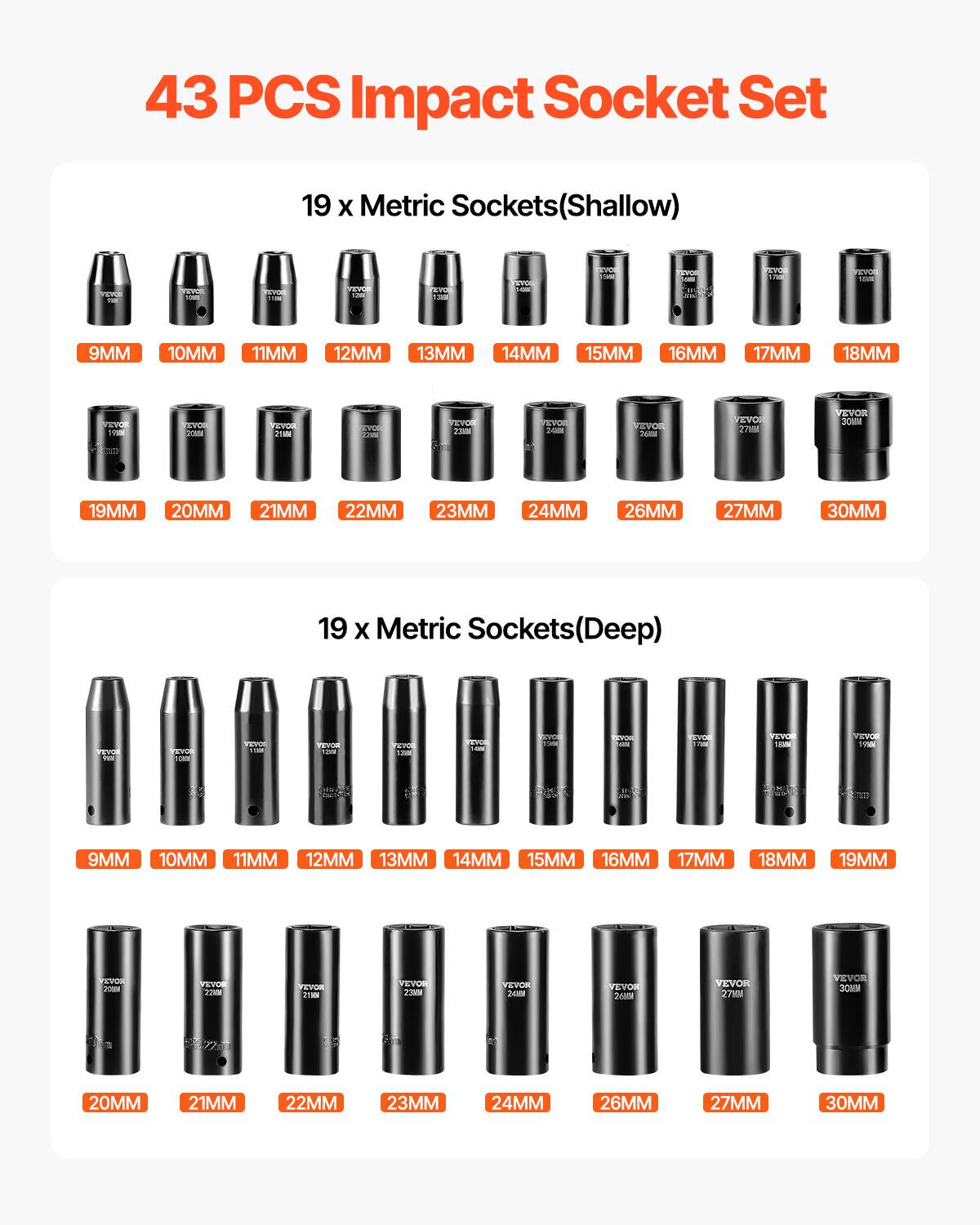 43 PCS Impact Socket Set

19 x Metric Sockets(Shallow)
9MM 10MM 11MM 12MM 13MM 14MM 15MM 16MM 17MM 18MM 19MM 20MM 21MM 22MM 23MM 24MM 26MM 27MM 30MM

19 x Metric Sockets(Deep)
9MM 10MM 11MM 12MM 13MM 14MM 15MM 16MM 17MM 18MM 19MM 20MM 21MM 22MM 23MM 24MM 26MM 27MM 30MM