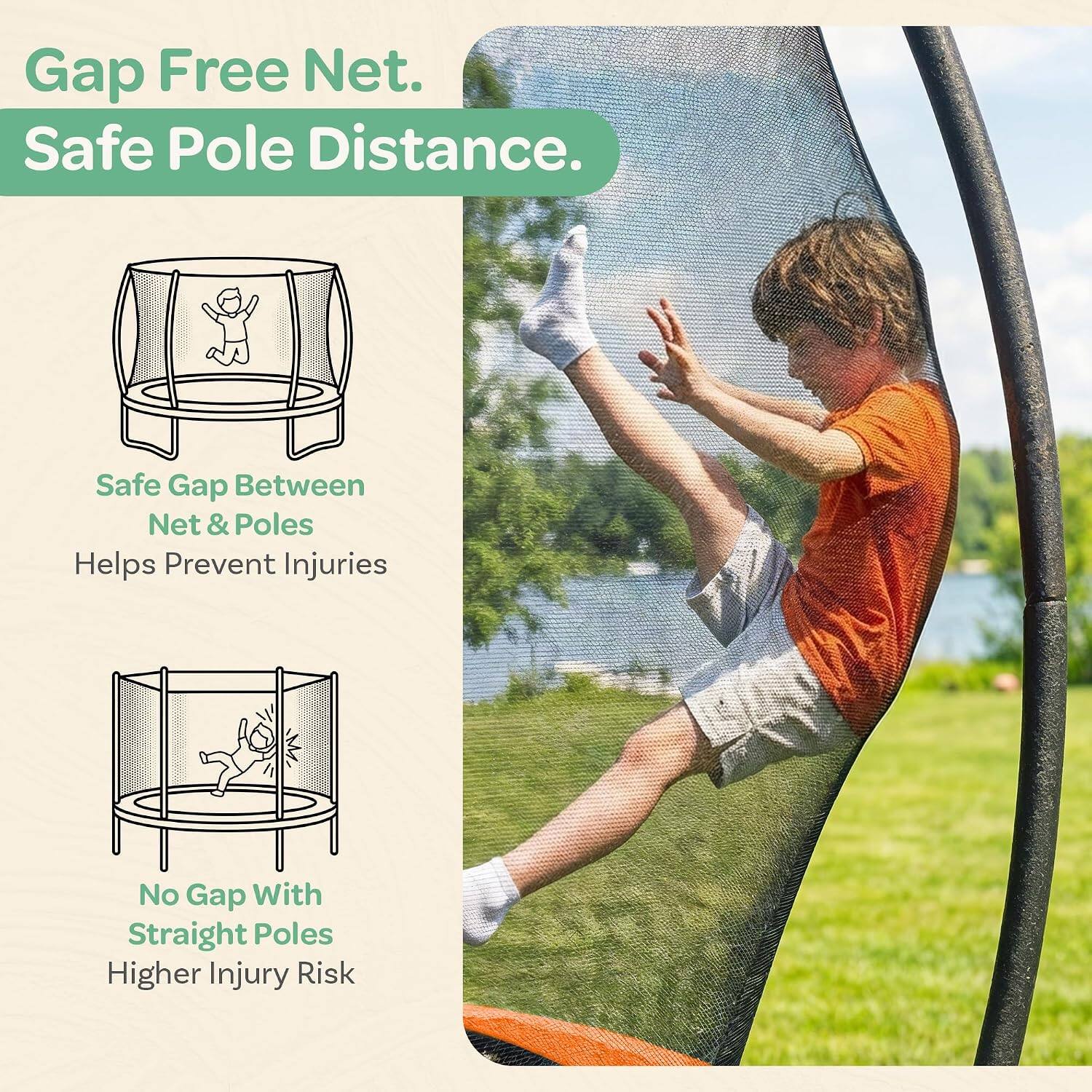 Gap Free Net.  
Safe Pole Distance.  
Safe Gap Between Net & Poles Helps Prevent Injuries  
No Gap With Straight Poles Higher Injury Risk