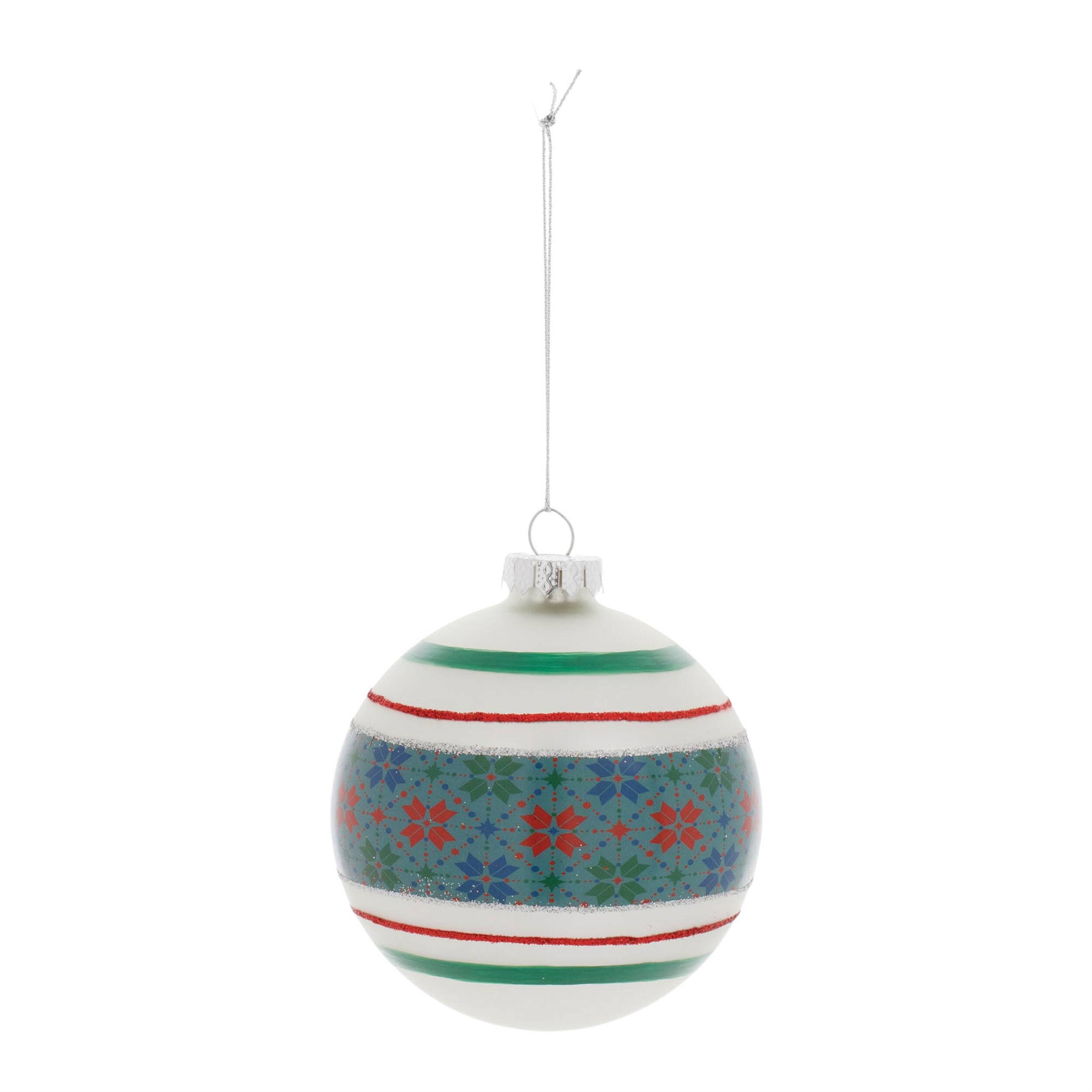 Angle. BreeBe - Stripe Patterened Glass Ball Ornament (Set of 6) - White, Red, Green.