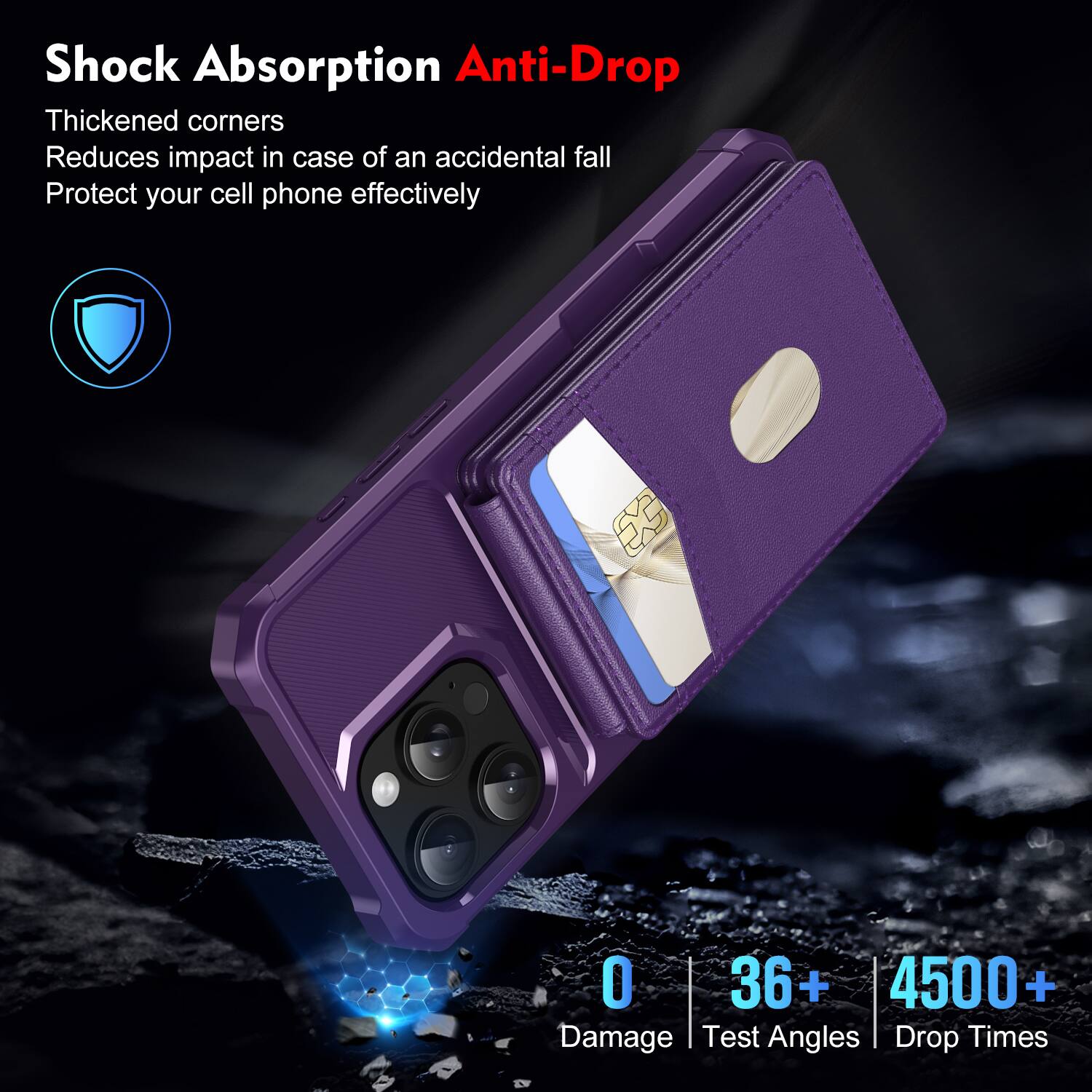 Shock Absorption Anti-Drop  
Thickened corners  
Reduces impact in case of an accidental fall  
Protect your cell phone effectively  

0 Damage  
36+ Test Angles  
4500+ Drop Times