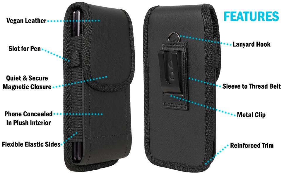 Vegan Leather  
- Slot for Pen  
- Quiet & Secure Magnetic Closure  
- Phone Concealed In Plush Interior  
- Flexible Elastic Sides  
- Reinforced Trim  
- Lanyard Hook  
- Sleeve to Thread Belt  
- Metal Clip