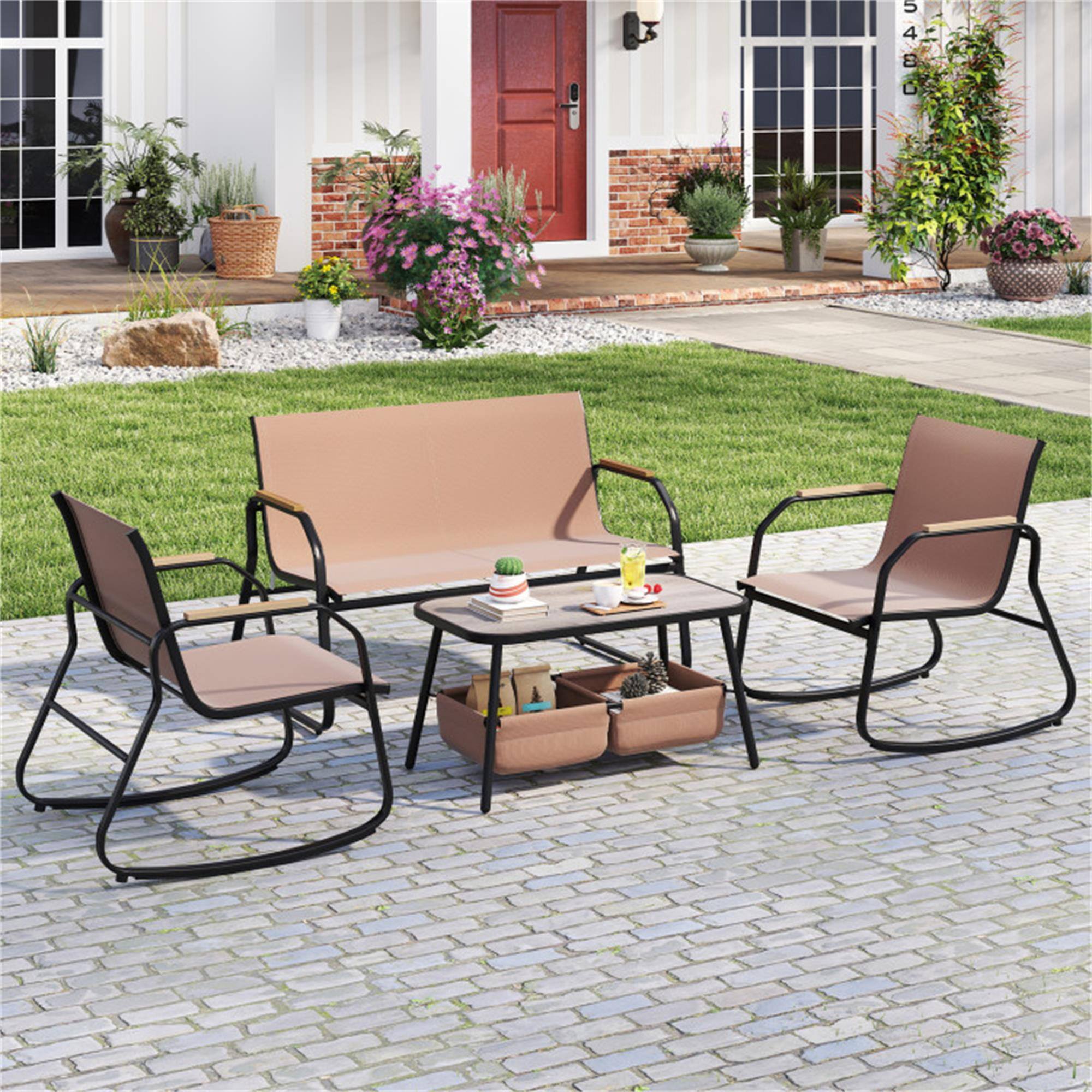 Alt View 1. Boyel Living - Brown 4 Pieces Patio Furniture Set with Rocking Bistro Chairs and Breathable Mesh 45-in L x 31-in W x 26-in H - Brown.