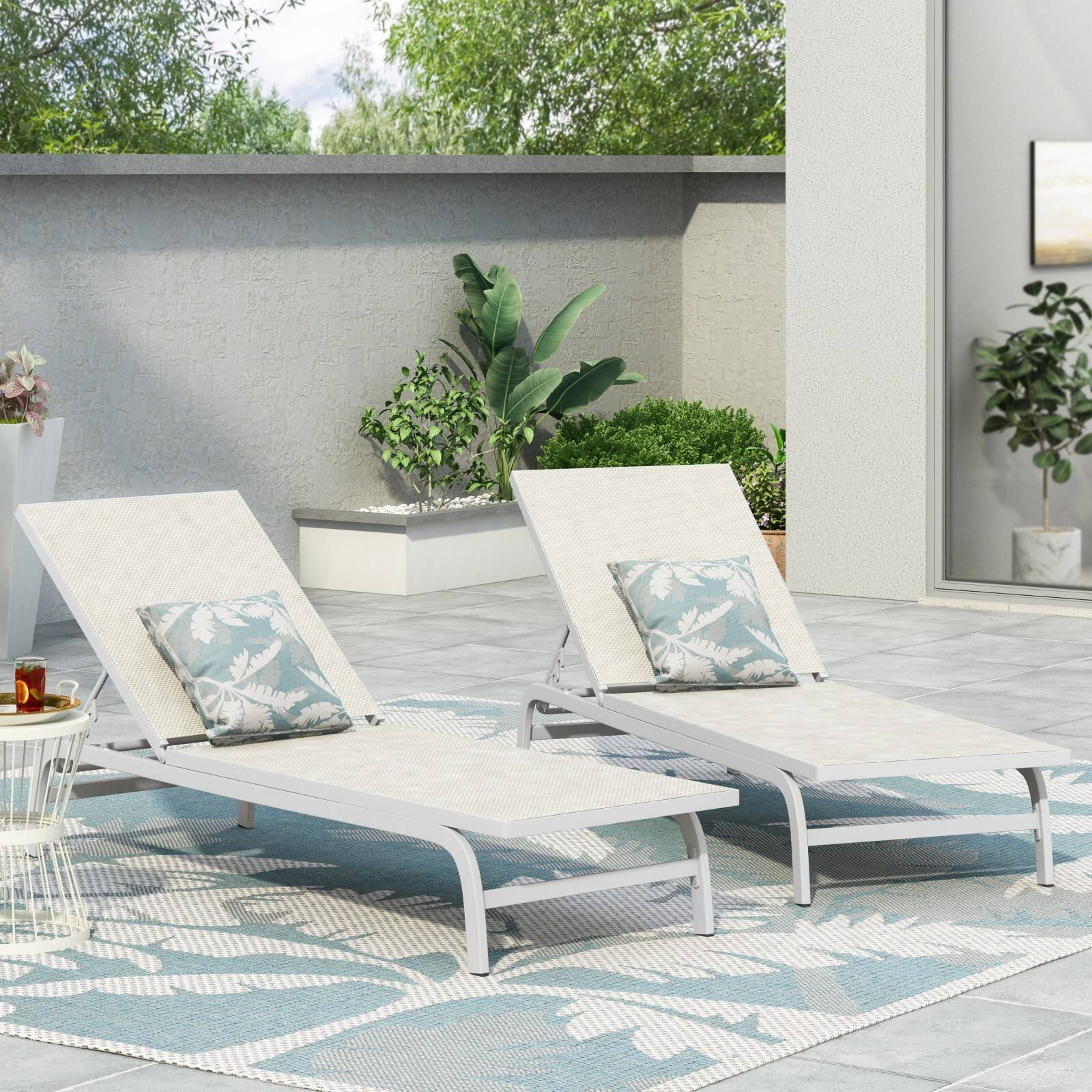 Alt View 4. Ecooso - Set of 2 Outdoor Mesh Chaise Lounges with Aluminum Frame, Handcrafted Details, and Comfortable Weather-Resistant Design - White.