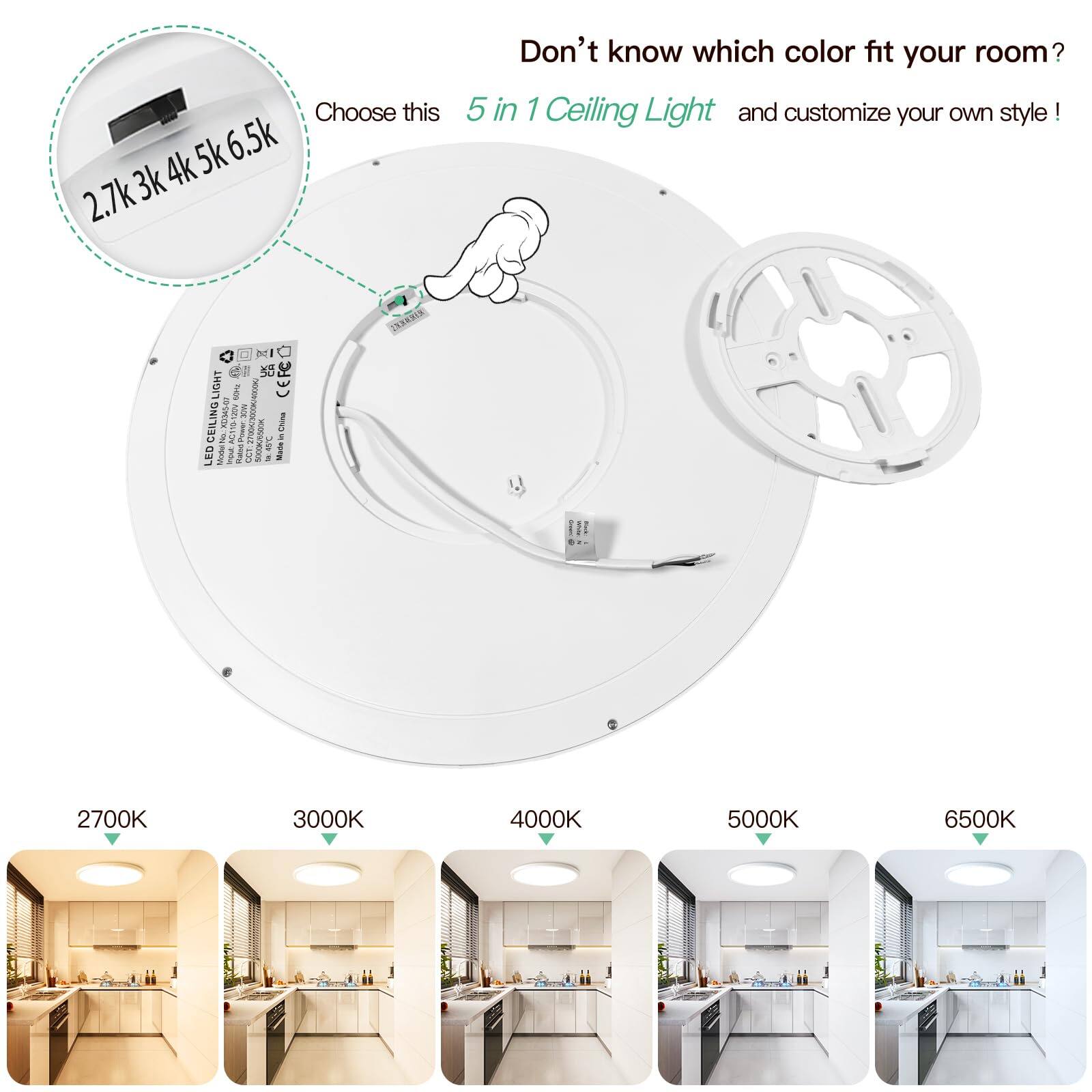 Choose this 5k 6.5k 3k 4k 2.7k  
Don't know which color fits your room?  
5 in 1 Ceiling Light and customize your own style!  
M I LIGHT i B CERCO CEILING LIGHT  
KETMI-40 ACTIO 6 - MX ANTH UNEO  
Model 1 -s i . Maile SRN - 2700K 3000K 4000K 5000K 6500K