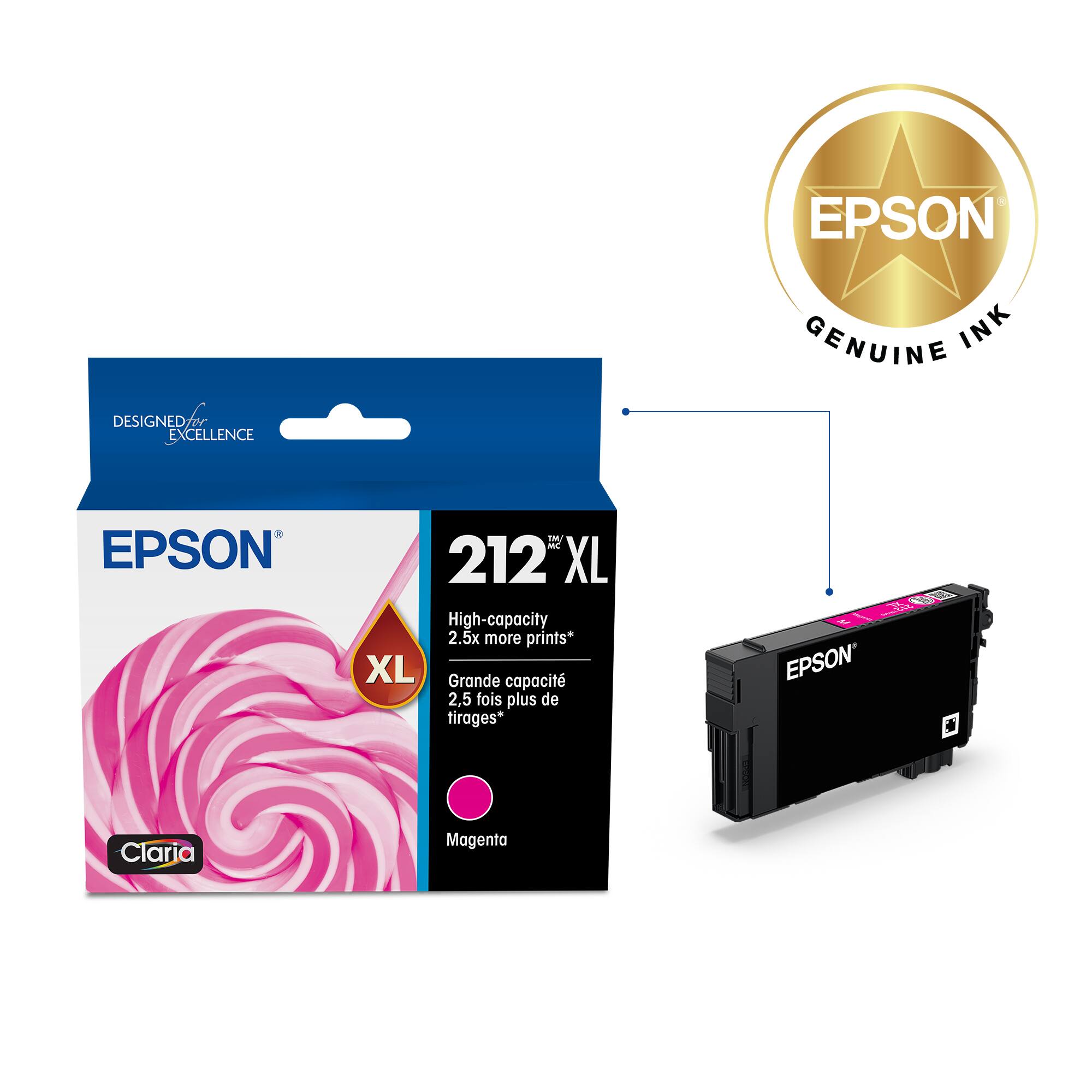 EPSON GENUINE INK DESIGNED FOR EXCELLENCE EPSON 212 XL High-capacity 2.5x more prints* XL Grande capacit 2,5 fois plus de tirages* EPSON's Claria Magenta