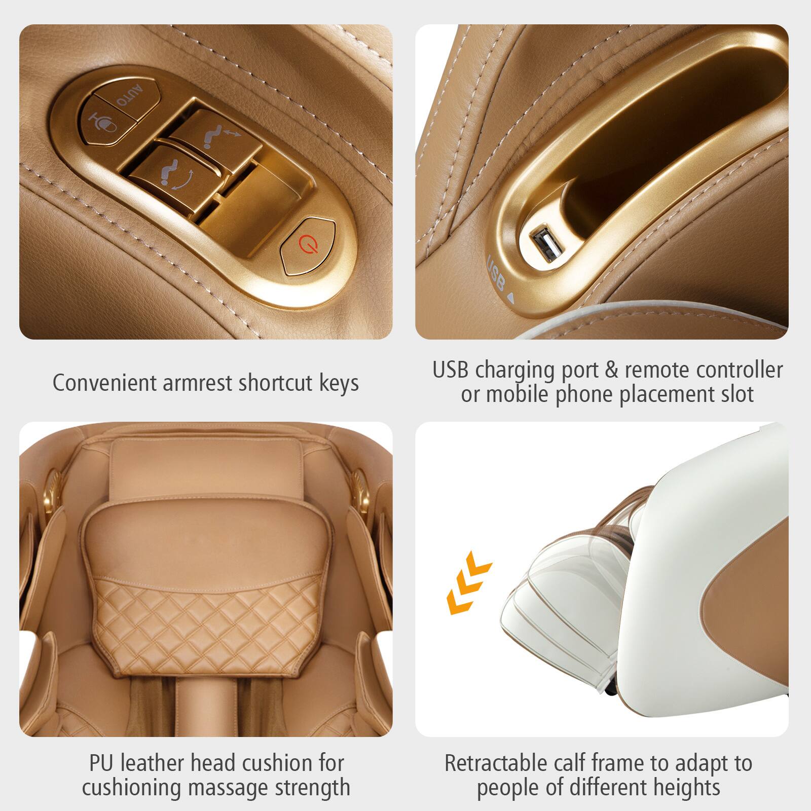 - Convenient armrest shortcut keys
- USB charging port & remote controller or mobile phone placement slot
- PU leather head cushion for cushioning massage strength
- Retractable calf frame to adapt to people of different heights
