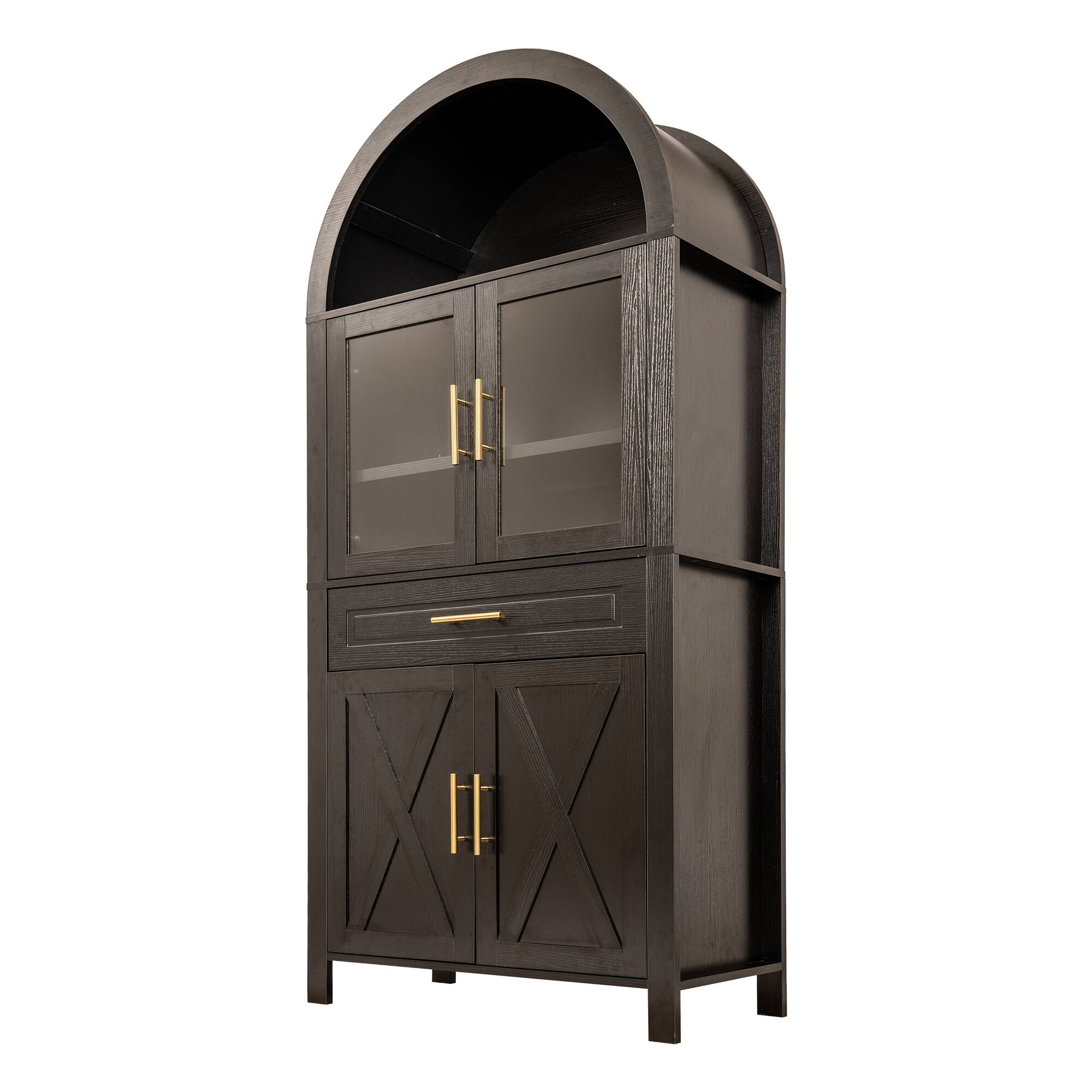 Alt View 3. Boyel Living - 71 Inch Arched Glass Door Pantry Cabinet Farmhouse Storage with Barn Door Design Black - Black.