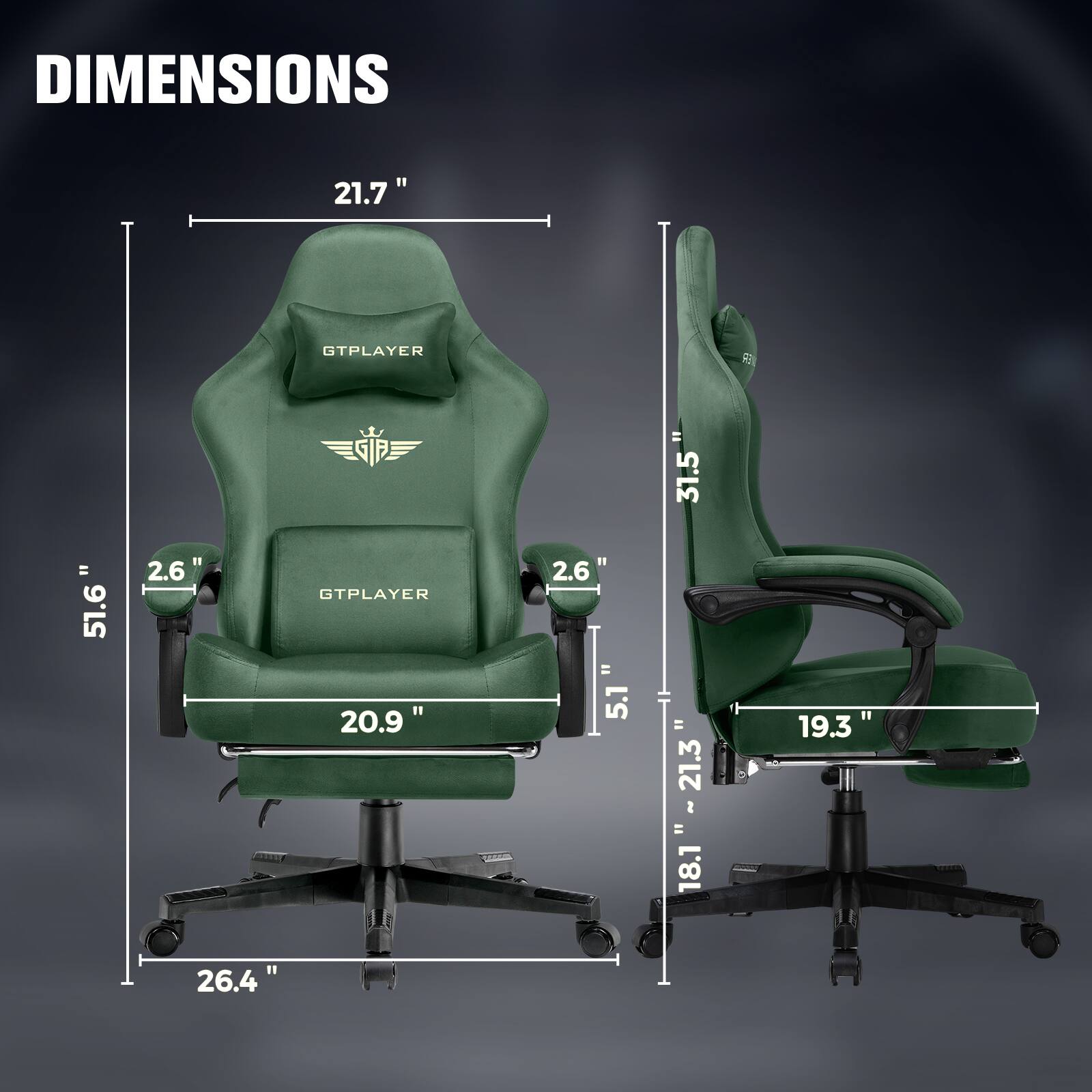 DIMENSIONS

- Height: 51.6"
- Width: 21.7"
- Depth: 26.4"
- Seat Width: 20.9"
- Armrest Height: 2.6"
- Back Height: 31.5"
- Seat Depth: 19.3"
- Seat Height: 18.1" - 21.3"