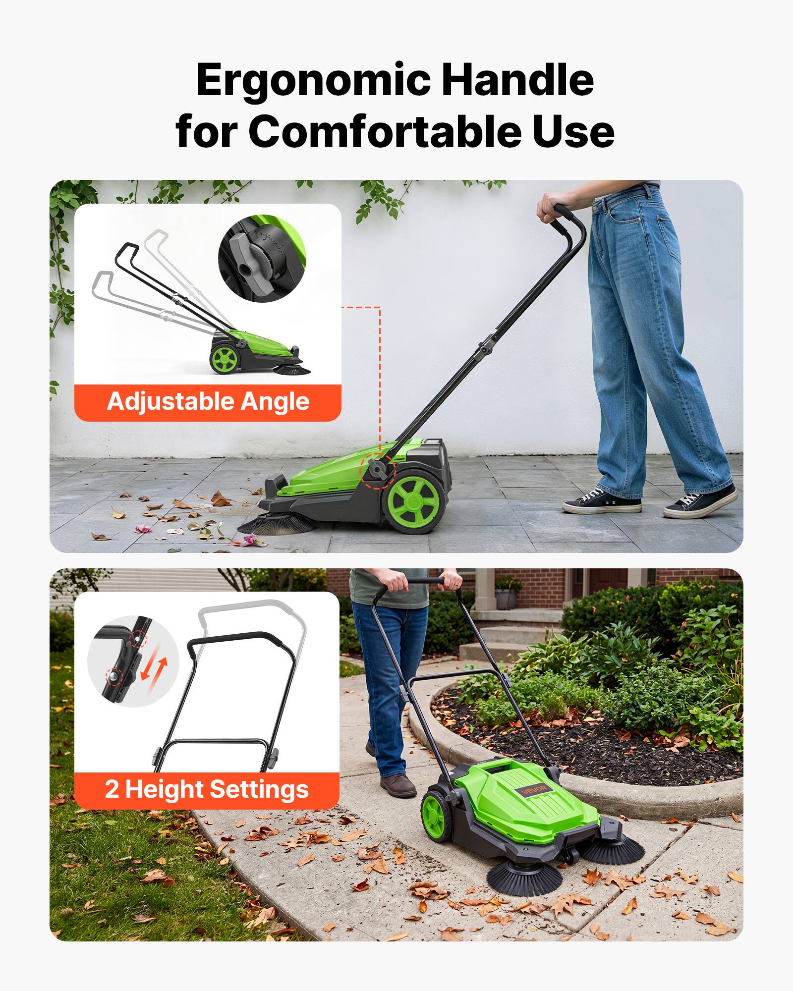Ergonomic Handle for Comfortable Use

Adjustable Angle

2 Height Settings
