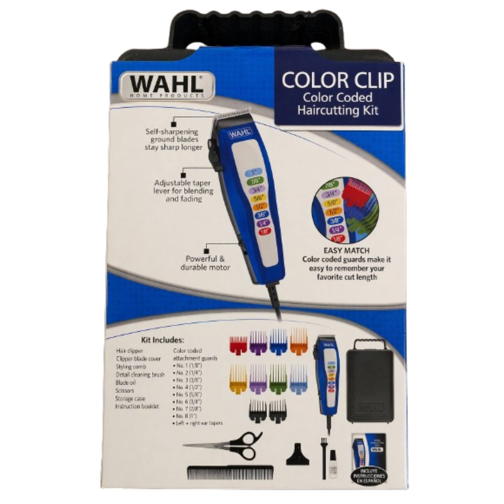 WAHL HOME PRODUCTS  
Self-sharpening WAHL ground blades stay sharp longer  
COLOR CLIP  
Color Coded Haircutting Kit  
Adjustable taper lever for blending and fading  
Powerful & durable motor  

EASY MATCH  
Color coded guards make it easy to remember your favorite cut length  

Kit Includes:  
- Hair Clipper  
- Clipper blade cover  
- Styling comb  
- Detail cleaning brush  
- Black oil  
- Storage case  
- Instruction booklet  
- Scissors  
- Attachment guards (No. 1, No. 2, No. 3, No. 4, No. 5, No. 6, No. 7, No. 8)  
- Left & right side tapers  

INCLUID INSTRUCCIONES EN ESPAÑOL