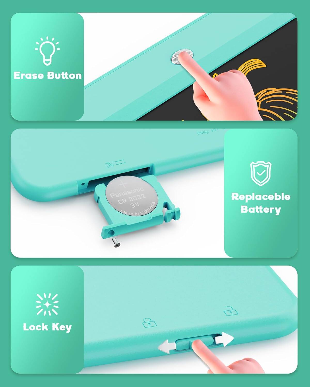 Erase Button  
Design 3V + Panasonic 2032 CR 3V Made in Indonesia  
Replaceable Battery  
Lock Key