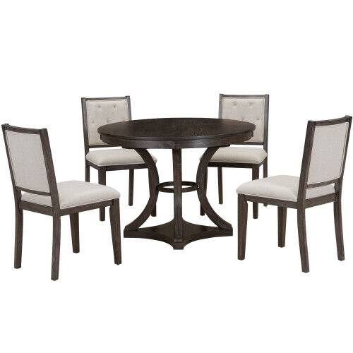 Alt View 3. LUCKY ONE - 5-Piece Vintage Dining Set with 58" Extendable Round Dining Table and 4 Upholstered Chairs - Espresso.