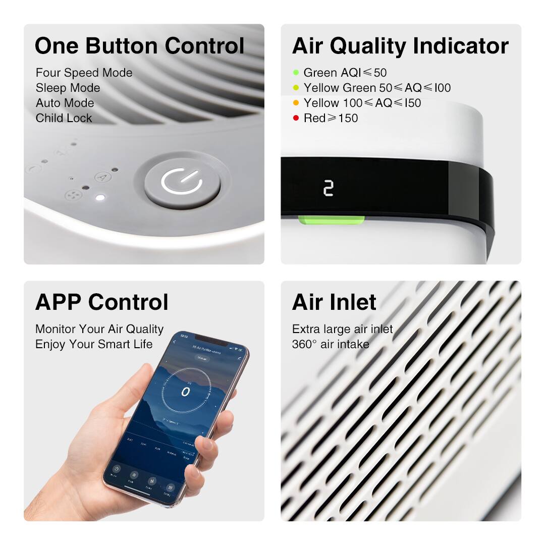 One Button Control Four Speed Mode Sleep Mode Auto Mode Child Lock
Air Quality Indicator Green AQI 50 Yellow Green 50 AQ 100 Yellow 100 AQ 150 Red 150 A
APP Control Monitor Your Air Quality Enjoy Your Smart Life
Air Inlet Extra large air inlet 360 air intake