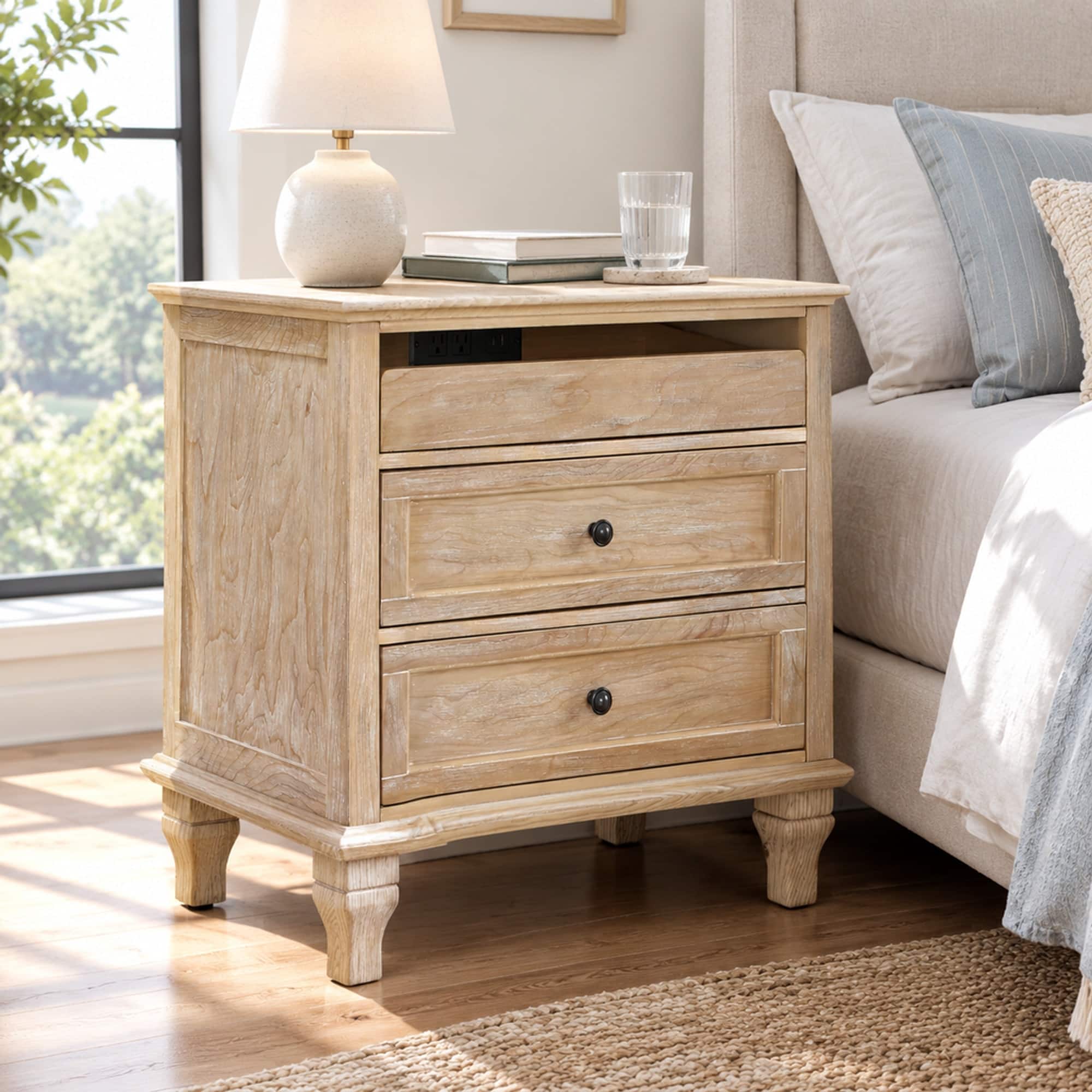 RYHNUYNE - 28 in Wood Nightstand, Farmhouse Bedside Table, 3 Drawers, Charging Station, USB and Type-C Ports - Natural